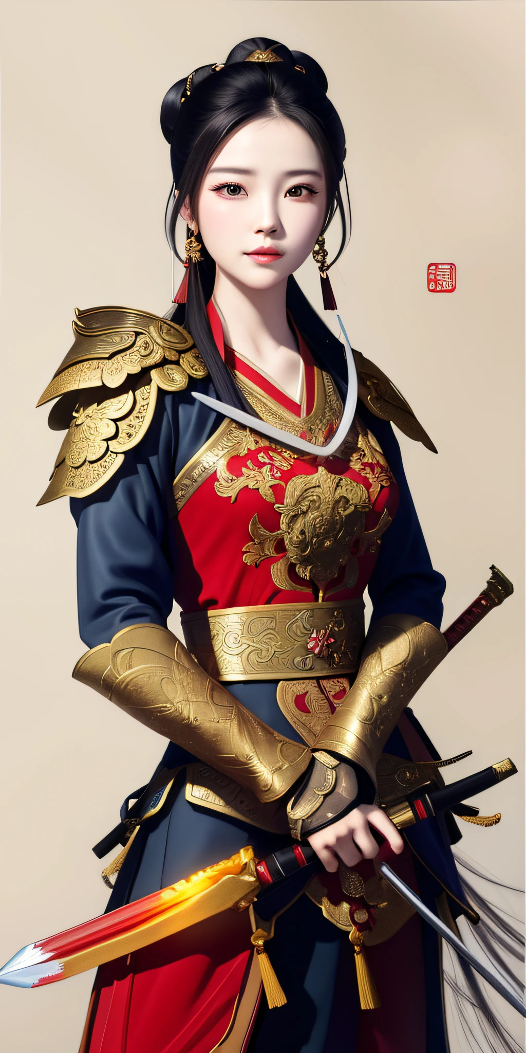 painting of a woman in a red and gold outfit with golden boots, holding a sword, full body, beautiful character painting, Chinese warrior, mulan portrait, by Chen Jiru, inspired by Du Qiong, inspired by Wu Li, inspired by Ju Lian, female samurai, inspired by Lan Ying, inspired by Zhu Derun, inspired by Zhang Sengyao, a beautiful warrior woman ((full body standing))
