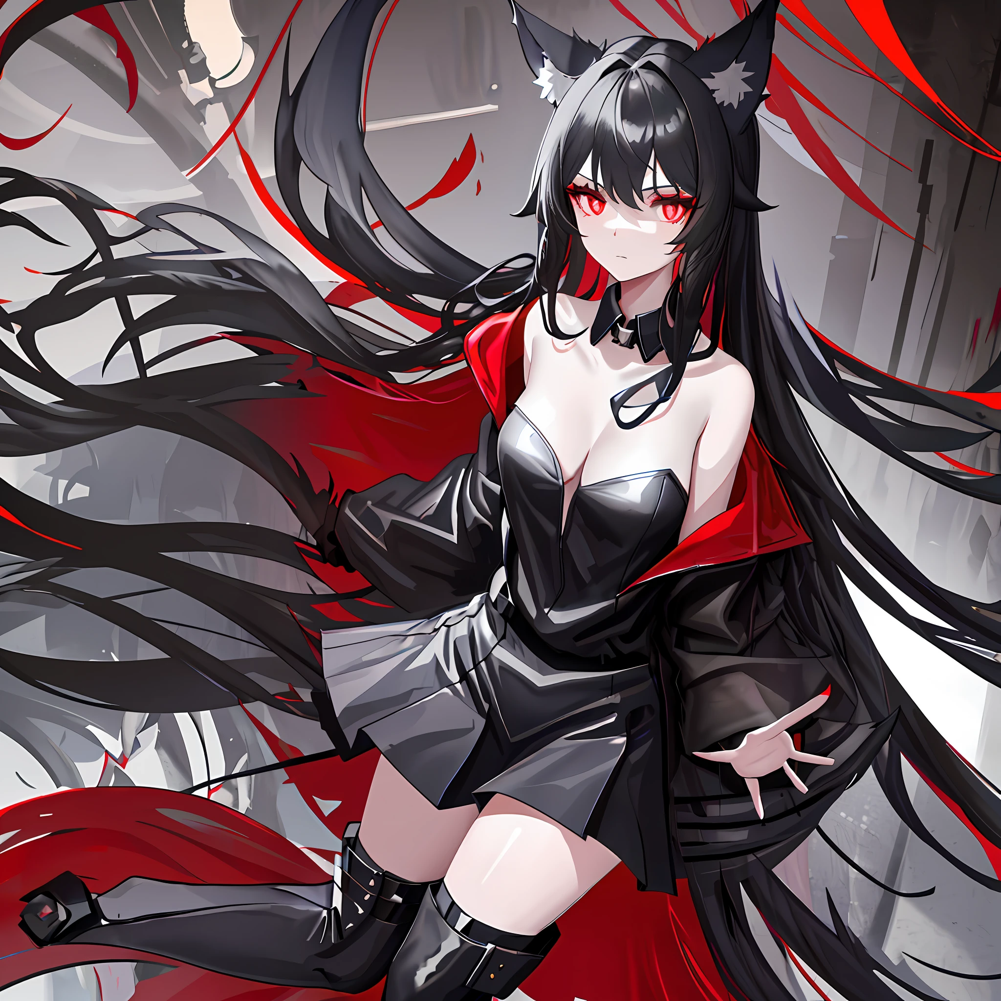 A girl with black hair, black wolf ears, black wolf tail, wearing a short black skirt and black stockings, blood red eyes, wearing gray boots, 173 meters tall, in the city