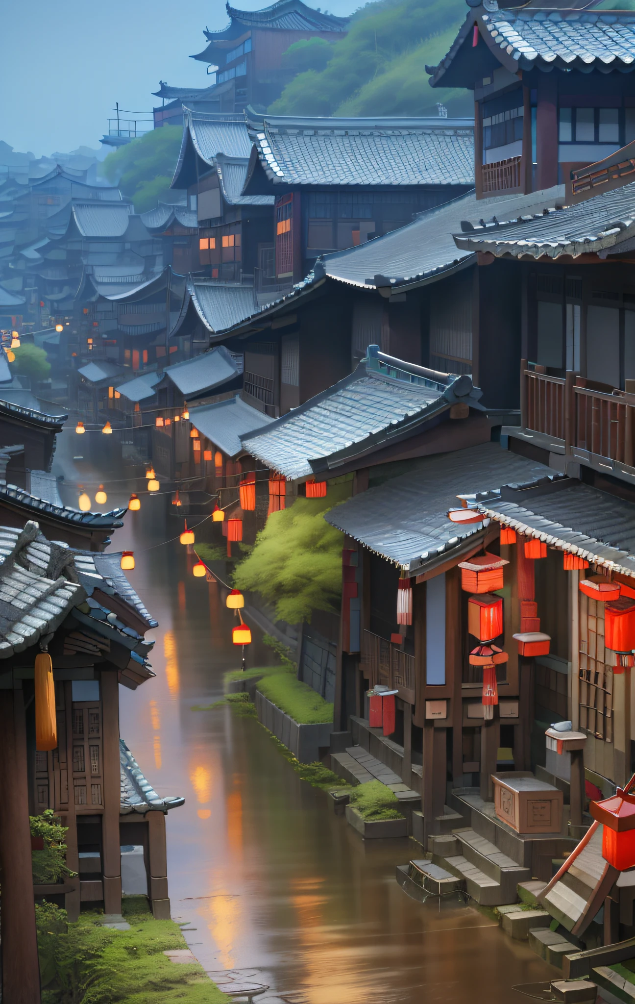 Alavid view of streets with many houses and lanterns, Chinese town, Chinese village, old asian village, Japanese village, Japanese town, quaint village, village, ancient city street behind her, by Han Gan, a bustling magical town, realistic photo of a town, beautiful rendering of Tang dynasty, 8K HD, hyper detail, real photography, 16k resolution