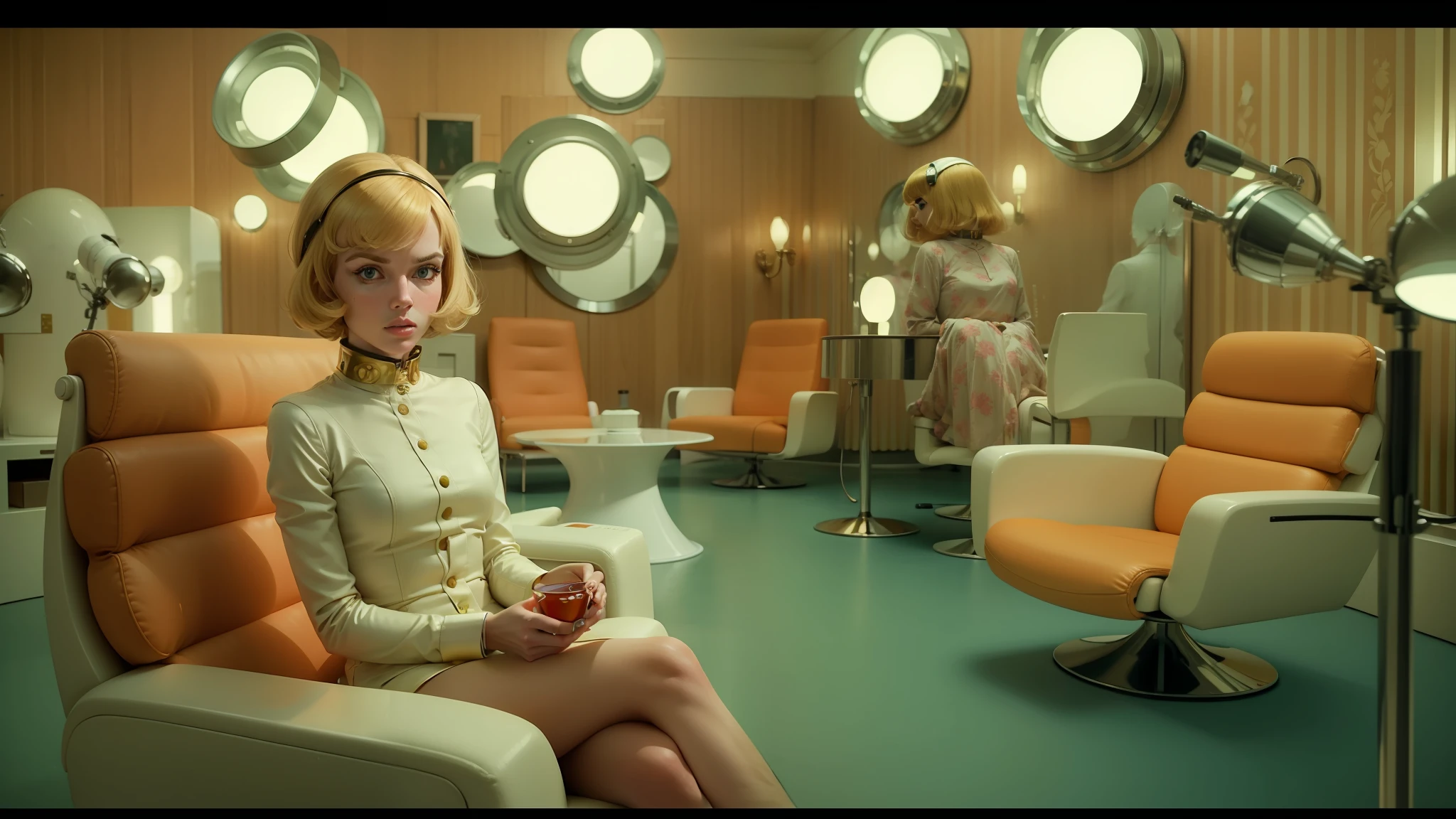 blond woman sitting in a chair in a room with mirrors, still from a wes anderson movie, style = retro-futurism, acid pixie, cooke anamorphic / i lenses, billy butcher, style of joel meyerowitz, sexy movie photo, golden collar, porcelain cyborg, cinemascope, girlboss, triptych, coiffed brown hair, ari aster --auto --s2