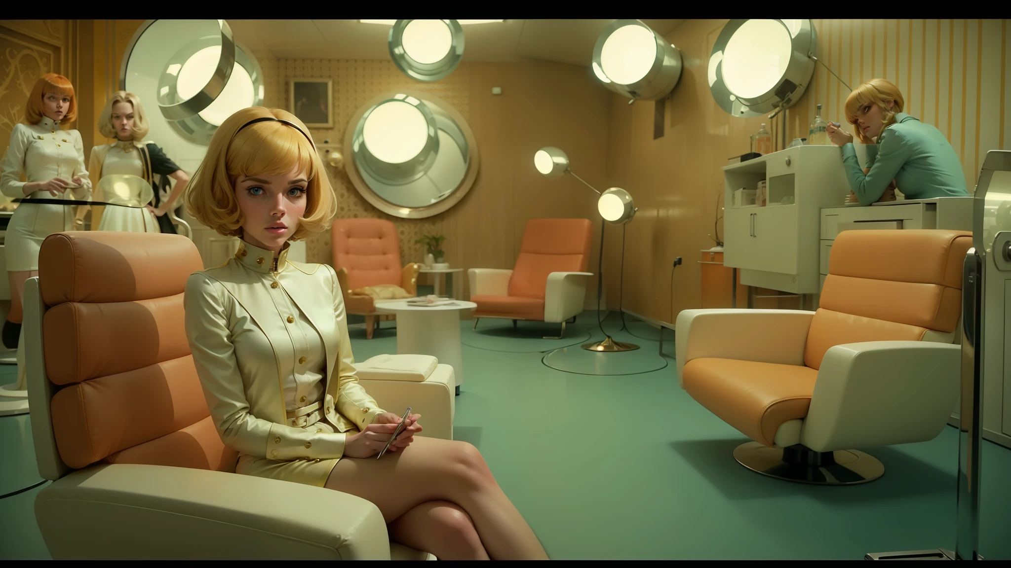 blond woman sitting in a chair in a room with mirrors, still from a wes anderson movie, style = retro-futurism, acid pixie, cooke anamorphic / i lenses, billy butcher, style of joel meyerowitz, sexy movie photo, golden collar, porcelain cyborg, cinemascope, girlboss, triptych, coiffed brown hair, ari aster --auto --s2