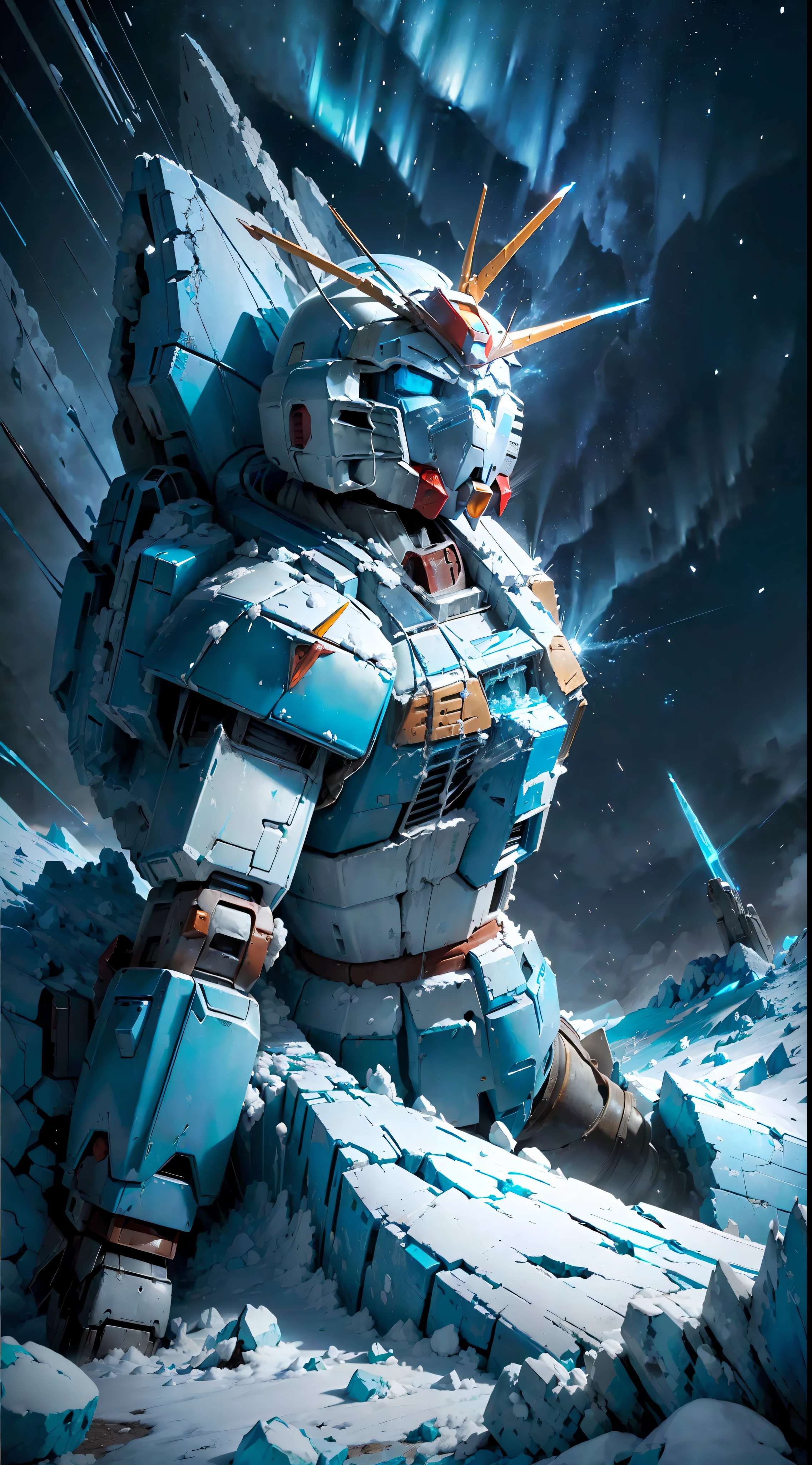 ((((Super Huge Blue and White Cool Gundam)))), (((Rusty)), (((Looking Up))), Blue Tones, Night, (Aurora), (Meteor), ((Sublime Glacier)), Broken Ice Wall Covered with Ice and Snow, Condensed Huge Ice Picks, Blizzards, Hail, Ice and Snow Covering Everything, Huge Footprints, Dark Clouds, Eerie Horror, Rich Cold Breath, Cracked Ice, Floating Ice, Rusty, Uneven Road, Potholes, Turquoise and White Rock Material, Full Body View, Condensed ice pick, a warrior hunting, huge cracks in the stone wall, crushed ice, gloomy, super fine face, (((close-up))), ((depth of field)), master work, super fine, high quality, 16k resolution, cinematic lighting
