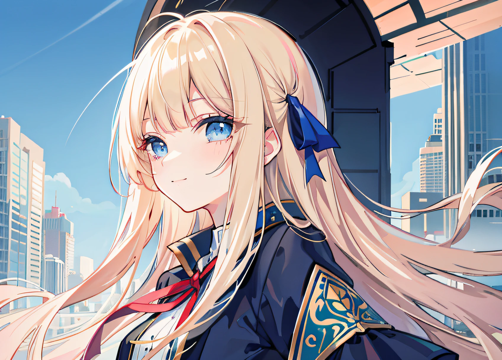 masterpiece, futuristic city, park, blue sky, blonde, long hair, blunt bangs bangs, long eyelashes, blue eyes, sister clothes, smile, ribbon in hair, gentle expression