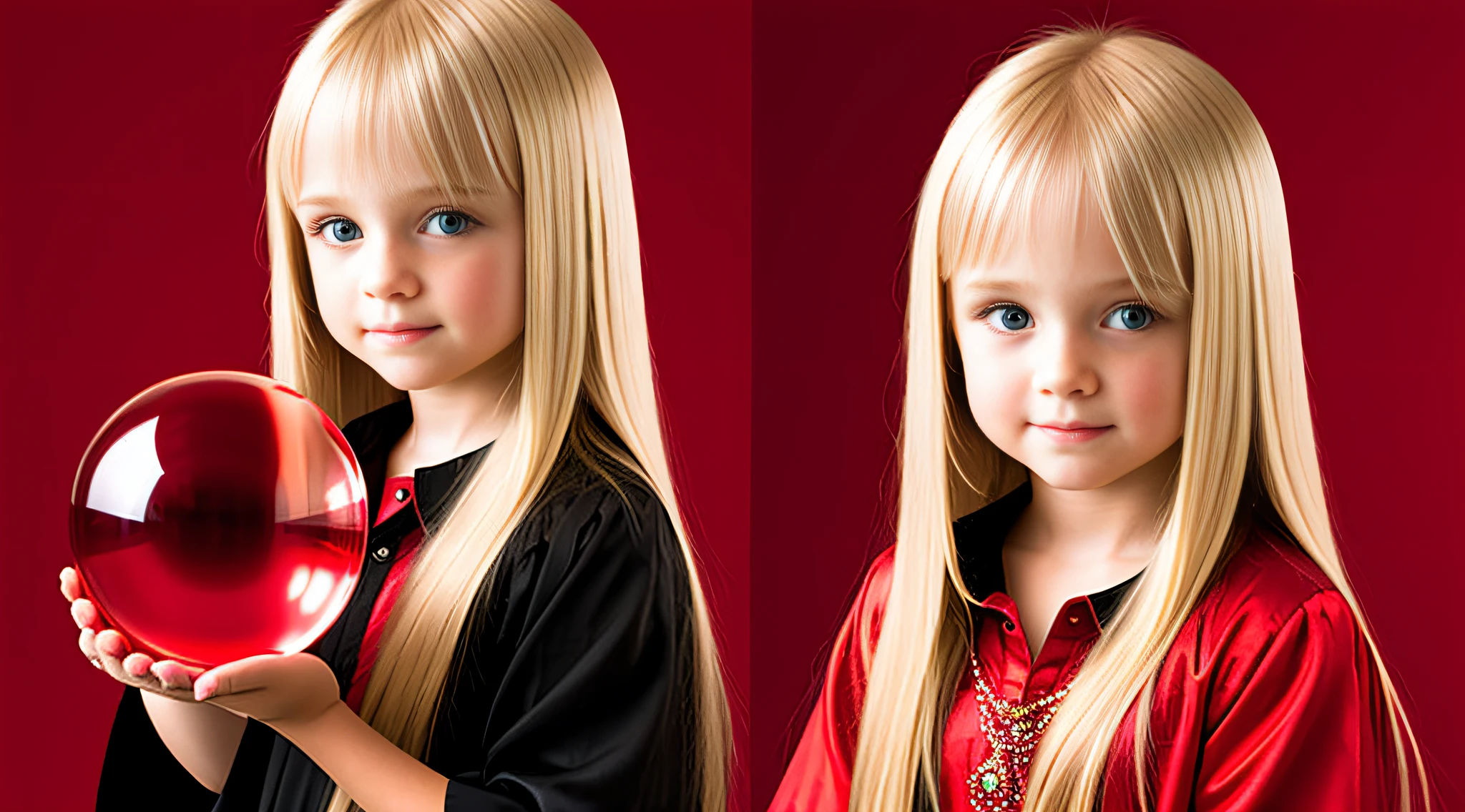 Blonde child girl WITH STRAIGHT HAIR, RED BACKGROUND, A CRYSTAL BALL IN HER HANDS.
