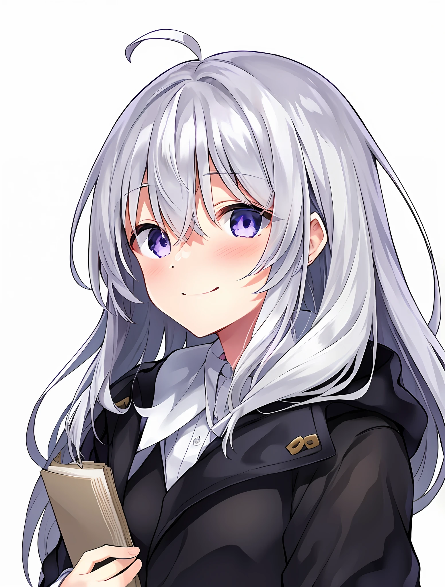 Holding a book, clean and detailed anime art, anime moe art style, perfect white-haired girl, white-haired girl,, cute girl with anime visual, masterpiece, best quality, 1girl, elaina_ (majo_no_tabitabi), black_style_costume,daily_costume,silver hair, purple eyes, long hair, white shirt, black coat, dull hair, purple eyes, bangs, Hair between eyes, faint blush, bright eyes, smile