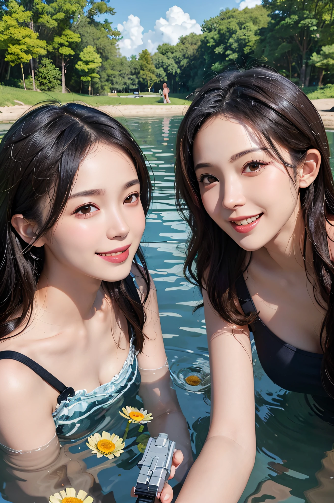 (Masterpiece, best quality), 3 girls, 2 women, playing in the water, lake full of flowers, clouds, sun, blue sky, good face, laughing, splashing, having fun, enjoying, water gun, photo realism, dynamic lighting, very detailed faces, 4K