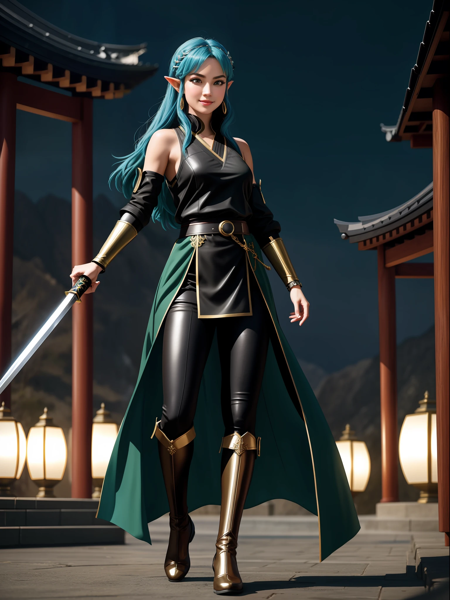 Full body photo, Princess zelda, with black fabric Ninja outfit with gold details+belt on dark brown leather waist, she's smiling, staring at the viewer, she's in an ancient martial arts temple+raining hard+at night, she's got blue hair, light green eyes, she's holding a ninja sword, with closed hands, realism, hyper-realism, Verismo, ultra realistic photo, 16k, award-winning, best quality, high details, anatomically correct, textured leather, UHD, masterpiece