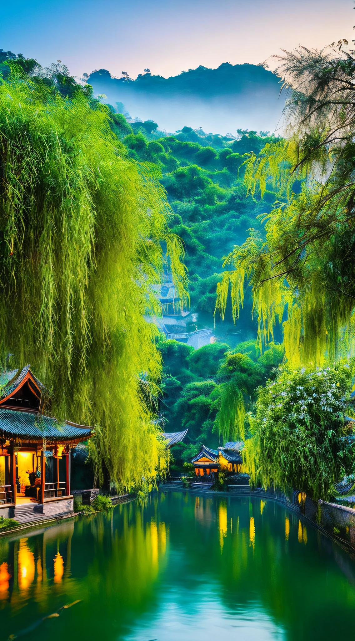 At dusk, green trees, willows flying, surrounded by blue water, small bridges and flowing water, antique color, floral fragrance, warm as jade, birds singing and flowers, water town paintings, leisurely, real photography, 16K resolution