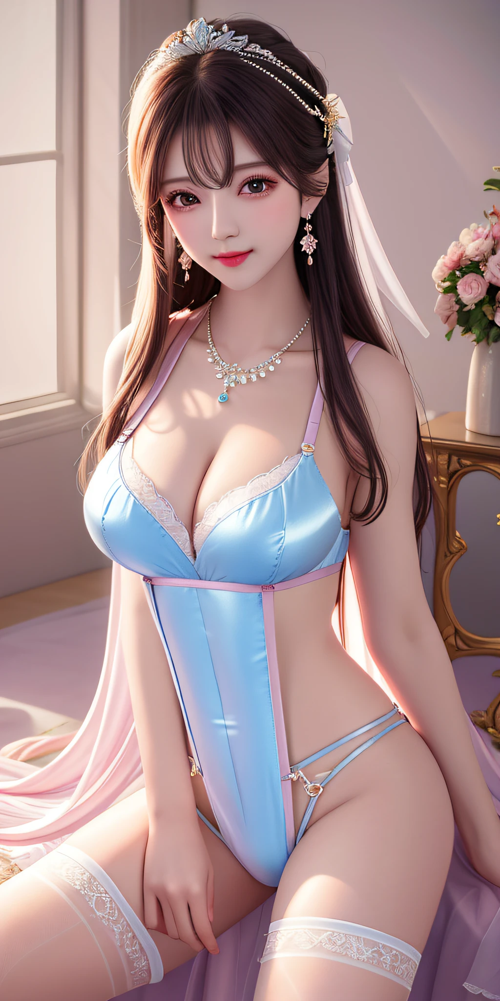 Best Quality, Masterpiece, High Resolution, 1girl, Clear Silk Porcelain Suspender, Pale Pink Suspender, Light Blue Suspender, Light Red Suspender, Lilac Suspender, (Leaking Pussy: 1.2), (Clear Panties: 1.2), (Panty Tightening: 1.4), Sit Down, Spread Legs (Legs Apart: 1.2), Larger Boobs, Cleavage, Leaking Chest, Leaking Belly Pollicus, Sexy Long Legs, Beautiful Face, Hair Accessories, Looking at the Audience, Smile, Shut Your Mouth, Lips, Dresses, Hair Accessories, Necklaces, Jewelry, Long Hair, Earrings, Pretty Face, Body, Tindal Effect, Realism, Shadow Studio, Edge Lighting, Two-Color Lighting, (High Detail Skin: 1.2), 8k UHD, DSLR, Soft Light, High Quality, Volumetric Lighting, Photo, High Resolution 4K, 8K, Blurred Background