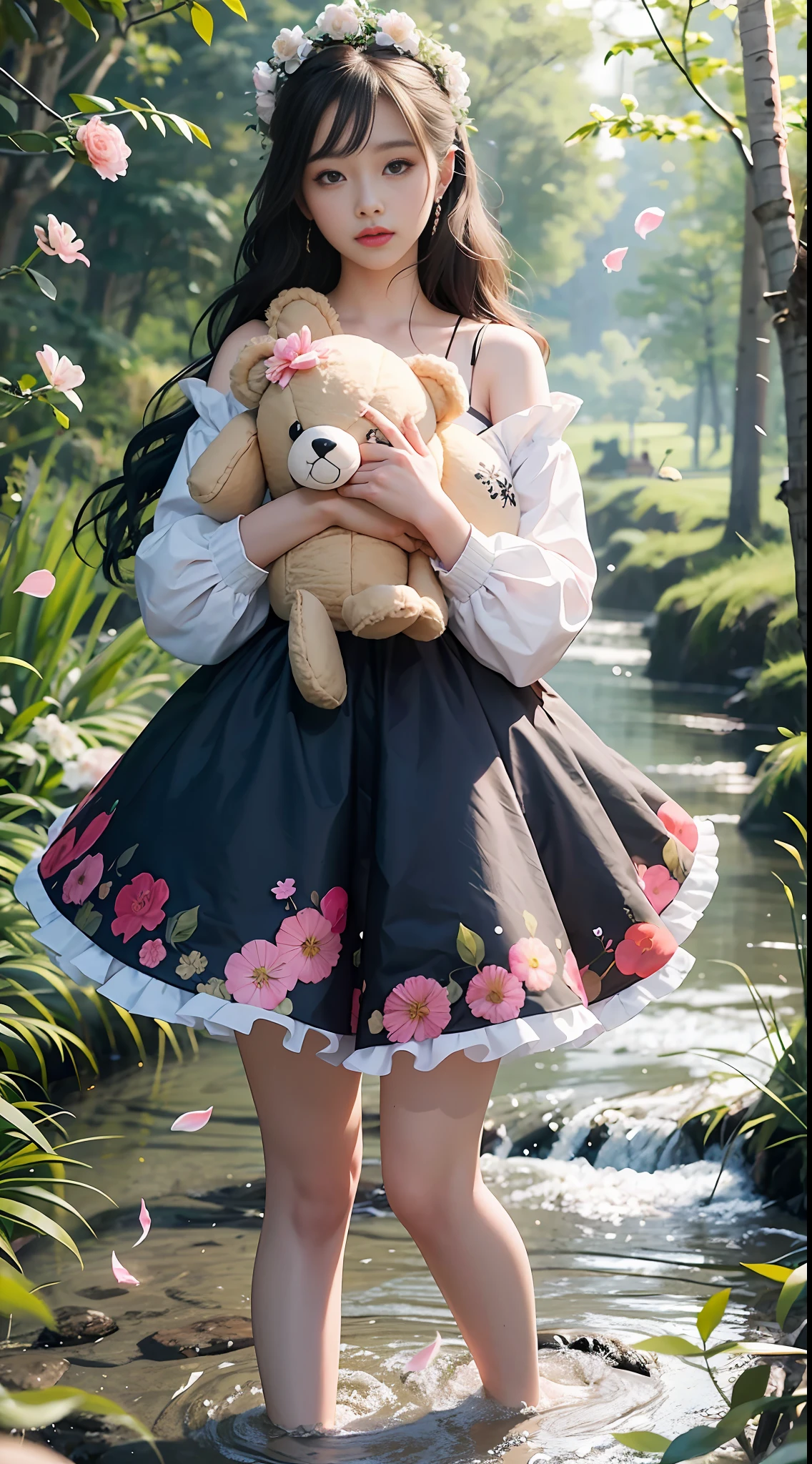 1 Girl Walking on the River, Mix 4, Sweater, Pillow, Lips, open_mouth, Realism, photo_\(Medium\), Solo, stuffed_animal, stuffed_toy, teddy_bear, (Masterpiece), (Realistic: 1.3), Ultra Detail, (High Detail Skin: 1.2), (Best Quality: 1.0), (Ultra High Resolution: 1.0), (Ulzzang-6500:0.3), Wavy Detail Hair, long hair, sunlight, (beautiful detail makeup), floral theme petals scattered, (soft glow flood: 0.5), full body, full body photo