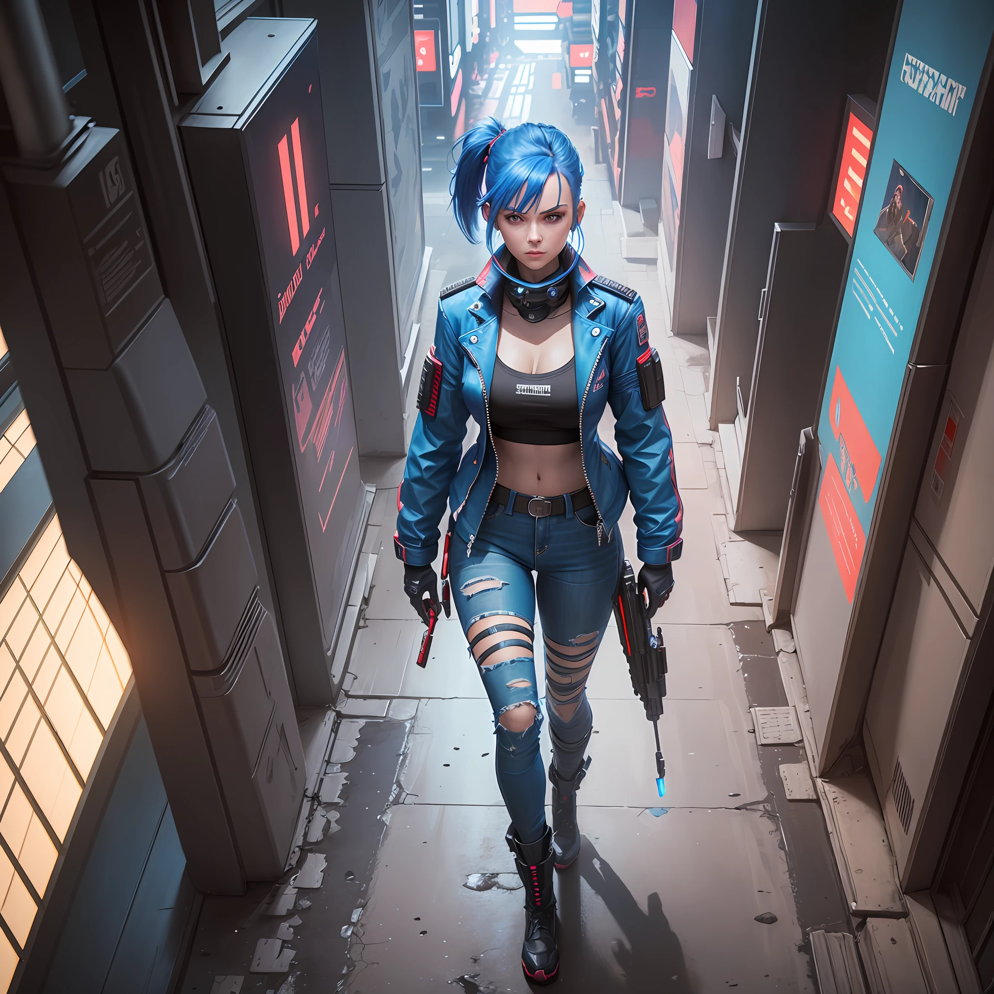 View from an angle from above, cyberpunk woman walking forward preparing to attack with two pistols in hand, top camera, cyberpunk style, short shoulder-length blue hair, brown jacket, red blouse inside, jeans, cyberpunk style, art station style, splahart style