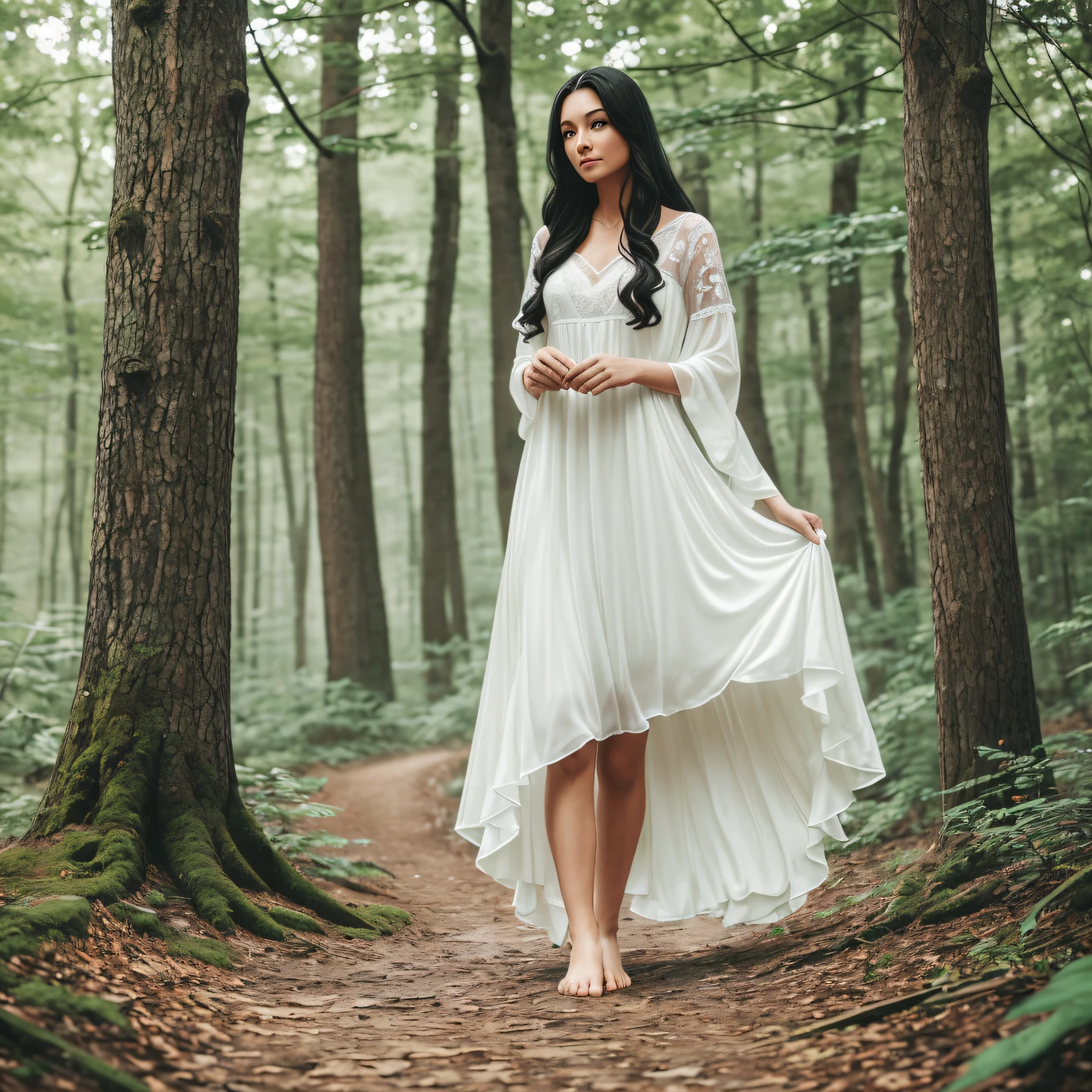 A quiet woman with long black hair in the forest, dawn, (cold morning: 1.1), (morning dew: 1.15), realistic photography, (low-key photo: 1.2), detail, 8k, pure white dress, barefoot, (to8contrast style), (mist: 0.7), bright colors, Sony a6600 Mirrorless Camera, embellish2 --auto --s2