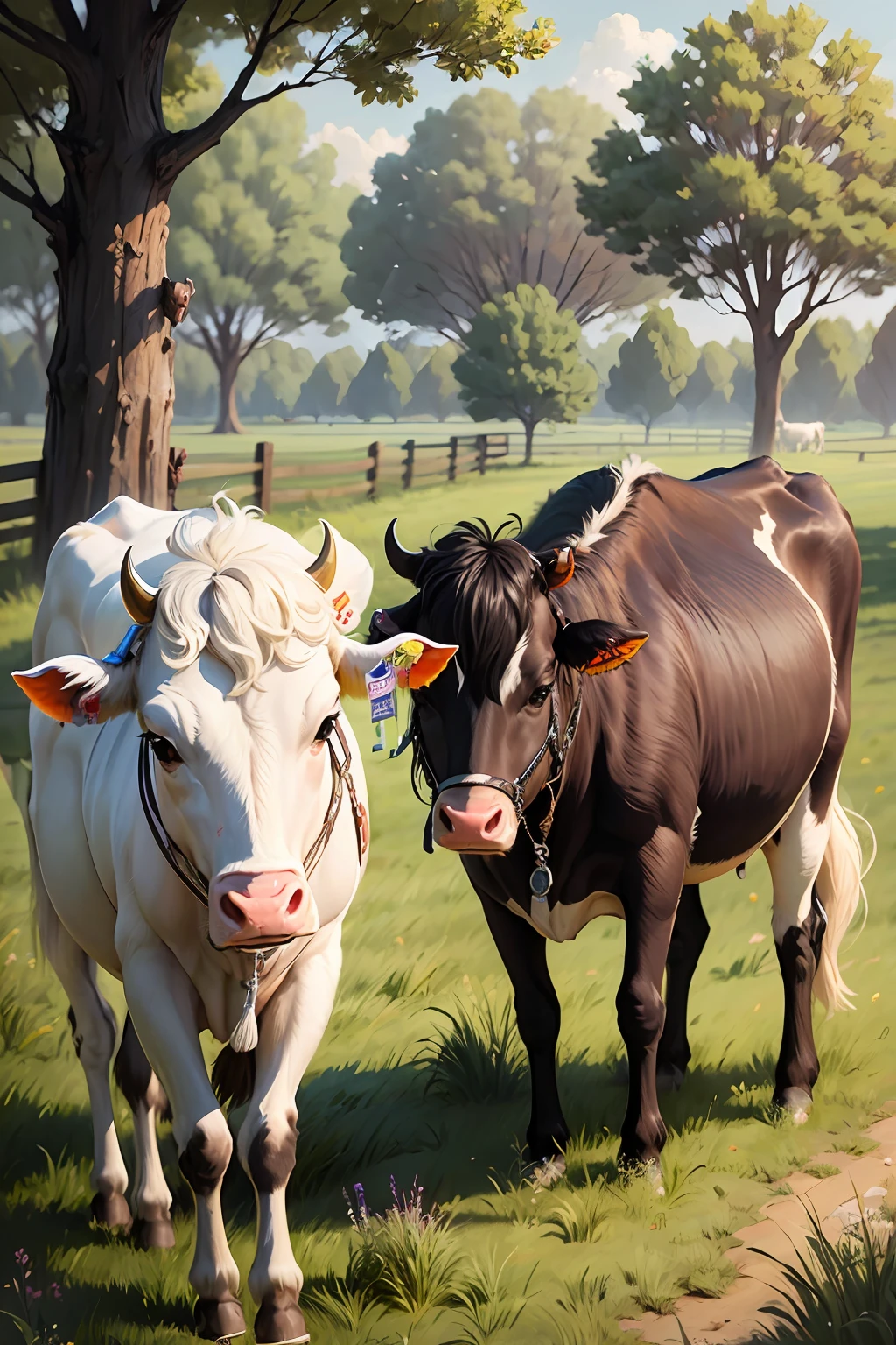 there are two cows standing in a field of grass near a tree, the second… like a calf, cows, bovine, cow, calf, by Samuel Silva, by Willian Murai, random cows, by Nándor Katona, by Ceferí Olivé, by Emerson Silva, malika favre, by Samuel Scott, pastures --auto --s2