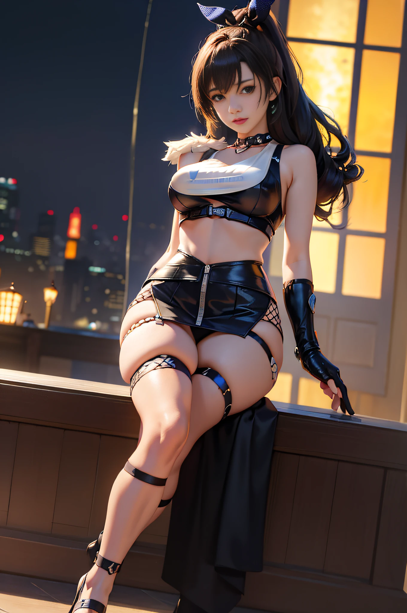 pureerosface_v1 ulzzang-6500 corneo_covering_breasts_one_arm, ass, (8k, best quality, masterpiece:1.2), (realistic, photo photorealistic:1.37), ultra-detailed, 1 girl, cute, solo, (tifa lockhart), (beautiful detail eyes), (smile: 1.2), (shut up), behind arm, neon signs, cityscape, depth of field, Dark Strong Shadows, Sharp Focus, Motion Blur, Depth of Field, Good Composition, Green Glow Light, Final Fantasy VII, Dating, (Nose Blush), Brunette Hair, Red Shoes, Tensioned Shirt, Thighs, Full Body, Bare Gloves, Lips, Beautiful Face, Long Low Neck Hair, (red_eyes)), Yellow Flowers, (Evening:1.3), Complex, Bokeh, Film Lighting, Photon Mapping, Teleportion, Physically Based Rendering, (Tetsuya Nomura Style)