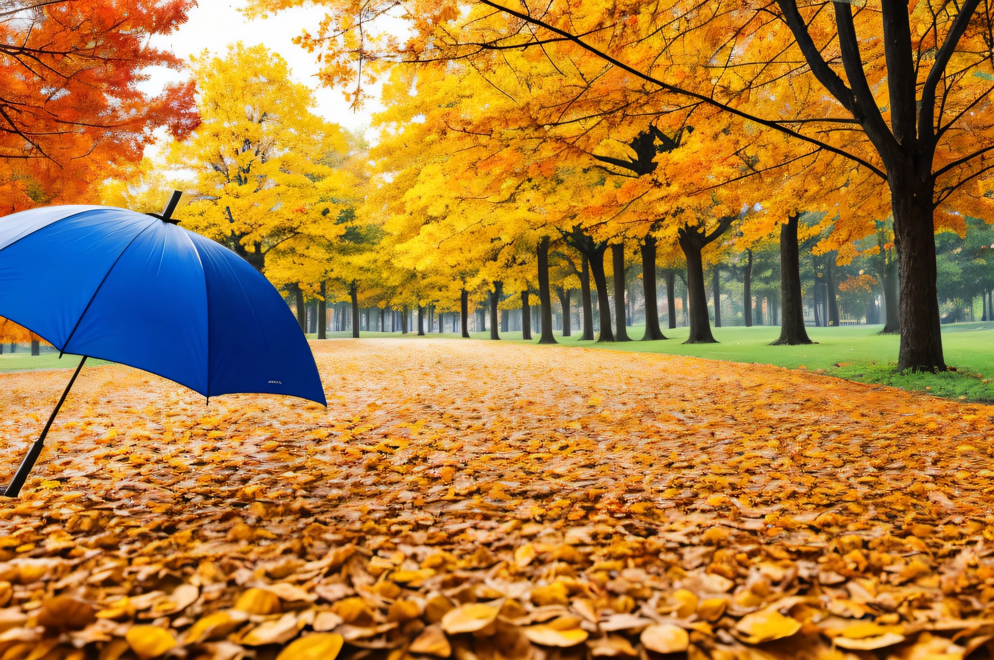 Beautiful autumn background landscape. Carpet of fallen orange autumn leaves in park and blue umbrella. Leaves fly in wind in sunlight. Concept of Golden autumn. --auto --s2