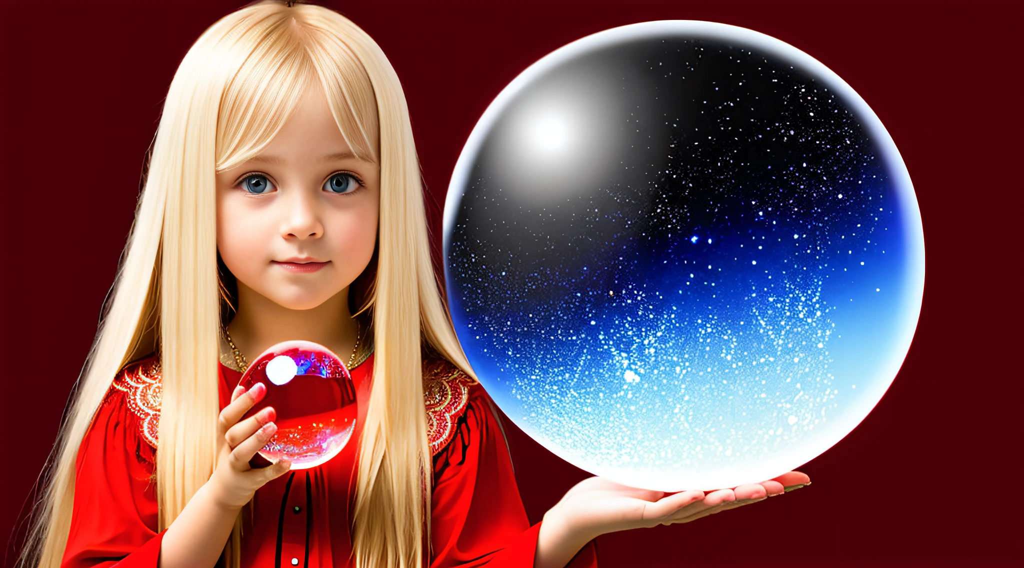 Blonde girl WITH STRAIGHT HAIR, RED BACKGROUND, A CRYSTAL BALL IN HER HANDS.