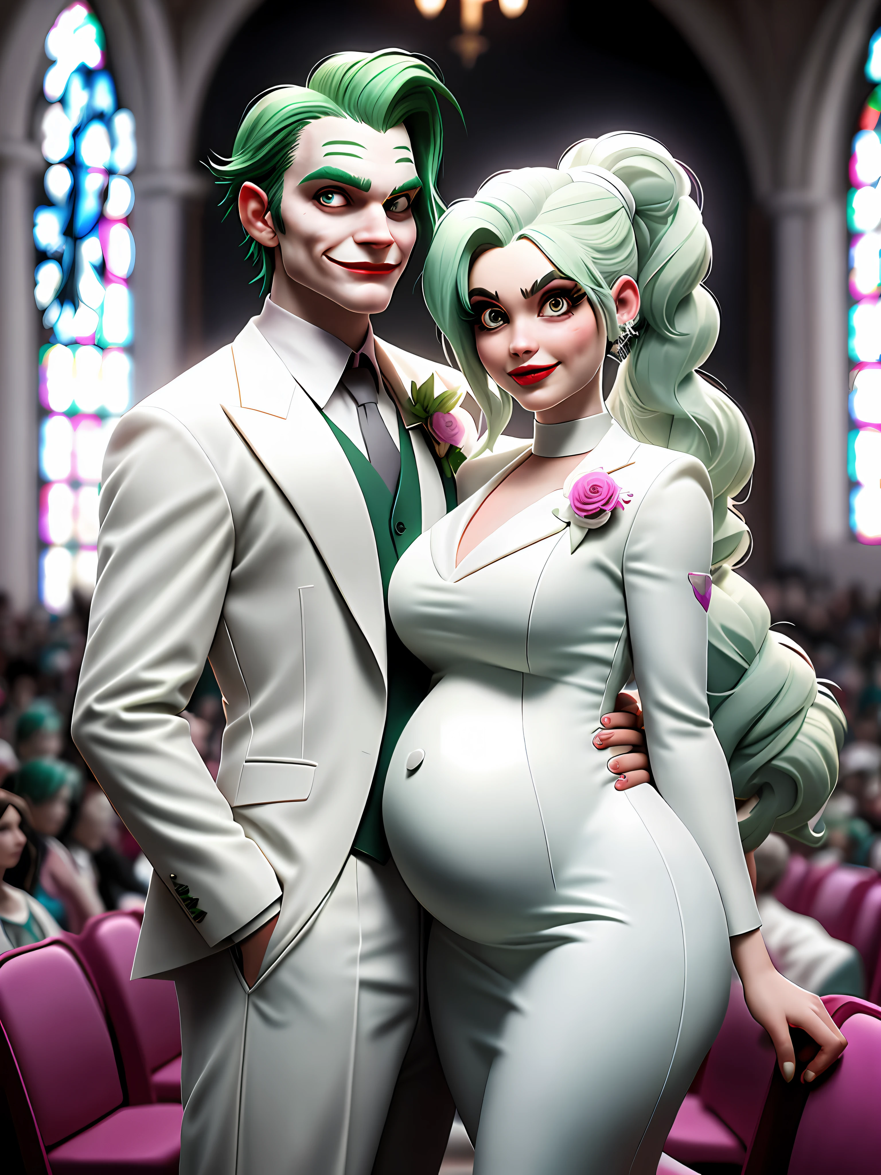 wedding photo of Joker with green hair and pregnant pony tails Harley Quinn with White Suite at Church, Masterpiece, Best Quality, super detailed, Octane Render, detailed fingers,Sharp focus