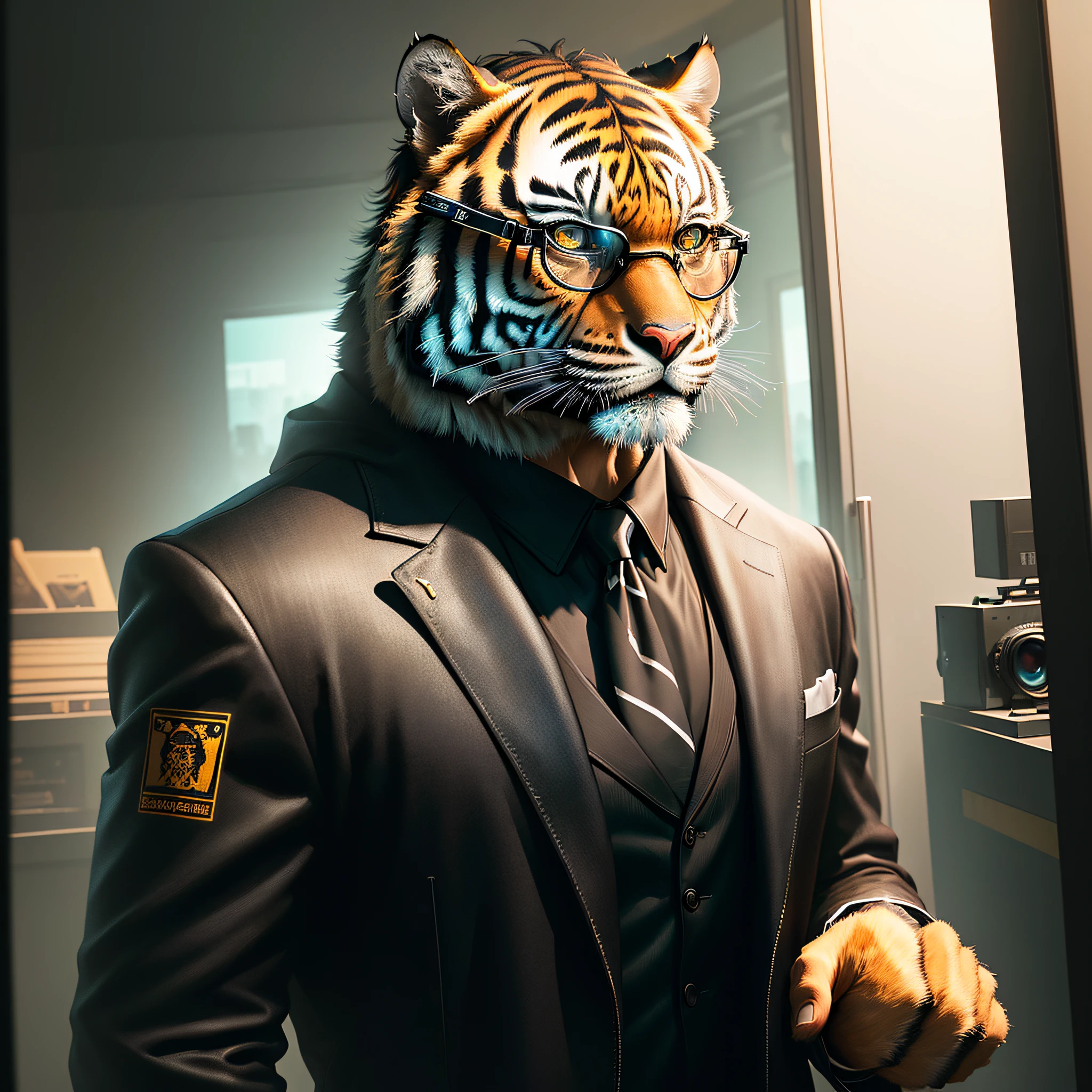 Masterpiece, (Super Detailed), (Animal Anthropomorphism), Gangster theme, tiger with glasses black on head, Jacket, body waist up, intricate., Lee Jeffries Nikon d850 film image bank 4 cameras kodak portra 400 f1.6 lens rich colors realistic texture hyper realistic dramatic lighting unrealistic engine trends in artstation cinestill 800 (vignette: 1.3), Filmgrain