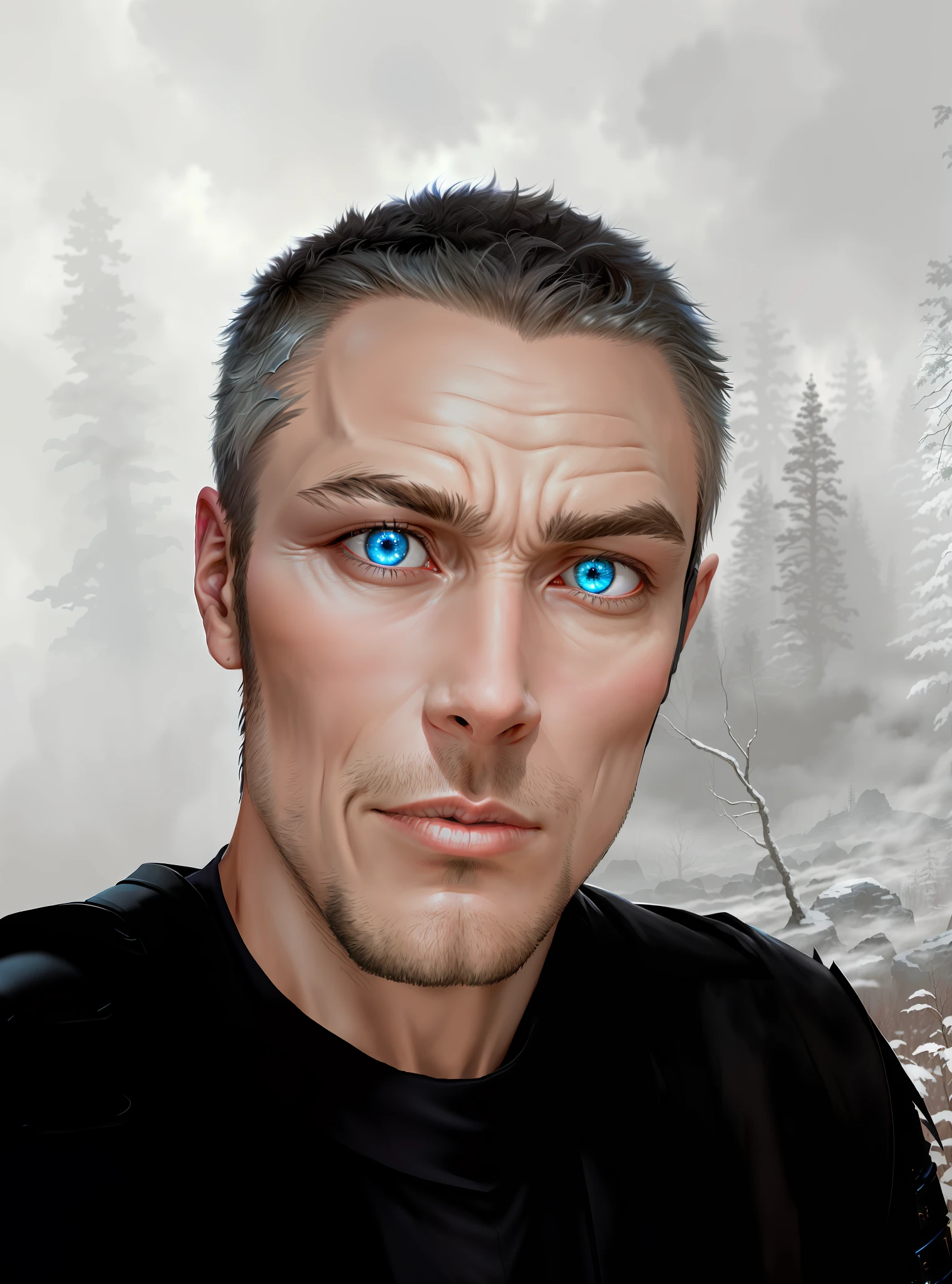 (((smhcgty))), (((hyperrealistic face))), award winning waist up photo of a fantasy warrior, wearing torn black leather armor, tarnished and scratched silver pauldrons, worn leather gloves, bright blue eyes, dense forest in background, dark, ominous, foggy, high contrast, shiny skin, soft lighting, backlighting, bloom, light sparkles, chromatic aberration, sharp focus