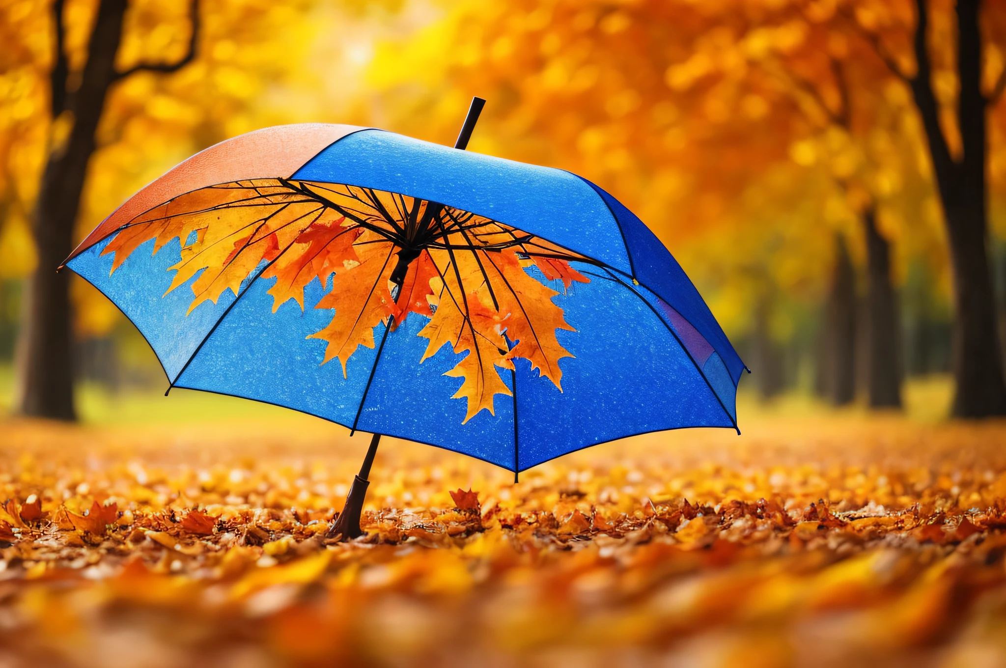 Beautiful autumn background landscape. Carpet of fallen orange autumn leaves in park and blue umbrella. Leaves fly in wind in sunlight. Concept of Golden autumn. --auto --s2
