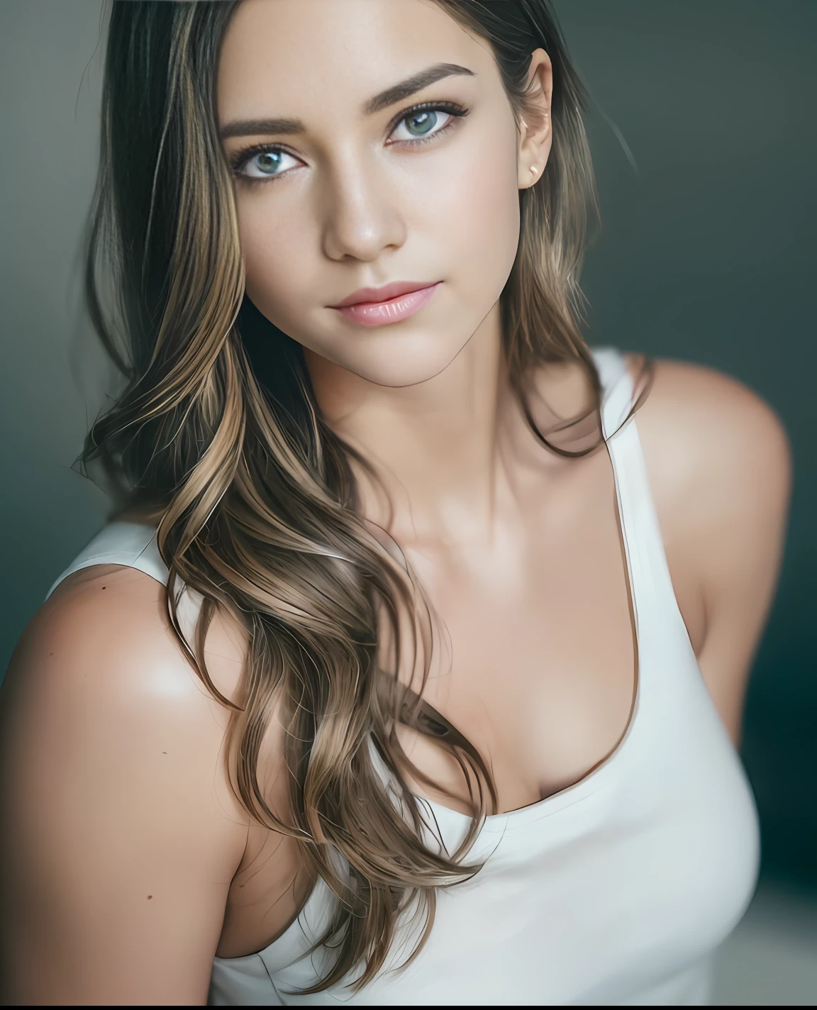 (RAW,, Nikon Z 14mm ultra wide angle lens, award-winning glamorous photography, ((best quality)), ((masterpiece)), ((realistic)), skin pores, subsurface scattering, radiant light rays, high-res, detailed facial features, high detail, sharp, smooth, aesthetic, extremely detailed focus, (extremely detailed eyes, extremely detailed iris), extremely detailed hair, extremely detailed skin, extremely detailed clothing, octane rendering, photorealistic, realistic, post-processing, maximum detail, realistic shadows, roughness, natural skin texture, real life, ultra-realistic, photorealism, photography, 8k UHD, photography, hdr, intricate, elegant, highly detailed, sharp focus, impressive, beautiful, gorgeous), (masterpiece:1.2, best quality1:1, ultra-detailed:1.2, best shadow, 8k:1.1), (huge city:1.3, roof:1.1, city structures below, handrails), (contrasting background, bright background), (beautiful detailed face), high contrast, (perfect lighting: 1.2, beautiful color, delicate color), ((cinematic light)), colorful, hyperdetail, dramatic light, intricate details, (1 girl, solo, brown hair, smiling face, short hair, wavy hair:1.1, blue eyes, dynamic angle, white tank top, jeans, cowboy photo, arms down), depth of field
