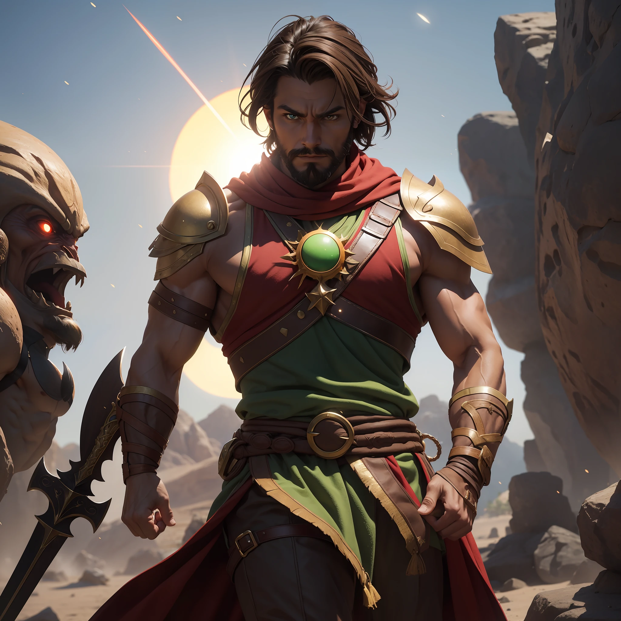 Portrait of 1man, muscular, Caucasian, tanned skin, shoulder-length brown hair, pointed brown beard, brown eyes, wearing belt, red loincloth, wearing chainmail vest, (alien planet with 1 large red sun and 1 small green sun, several moons), dramatic stance, holding sword, looking at viewer, bokeh, raytracing, realistic textured skin, particle effects, depth of field