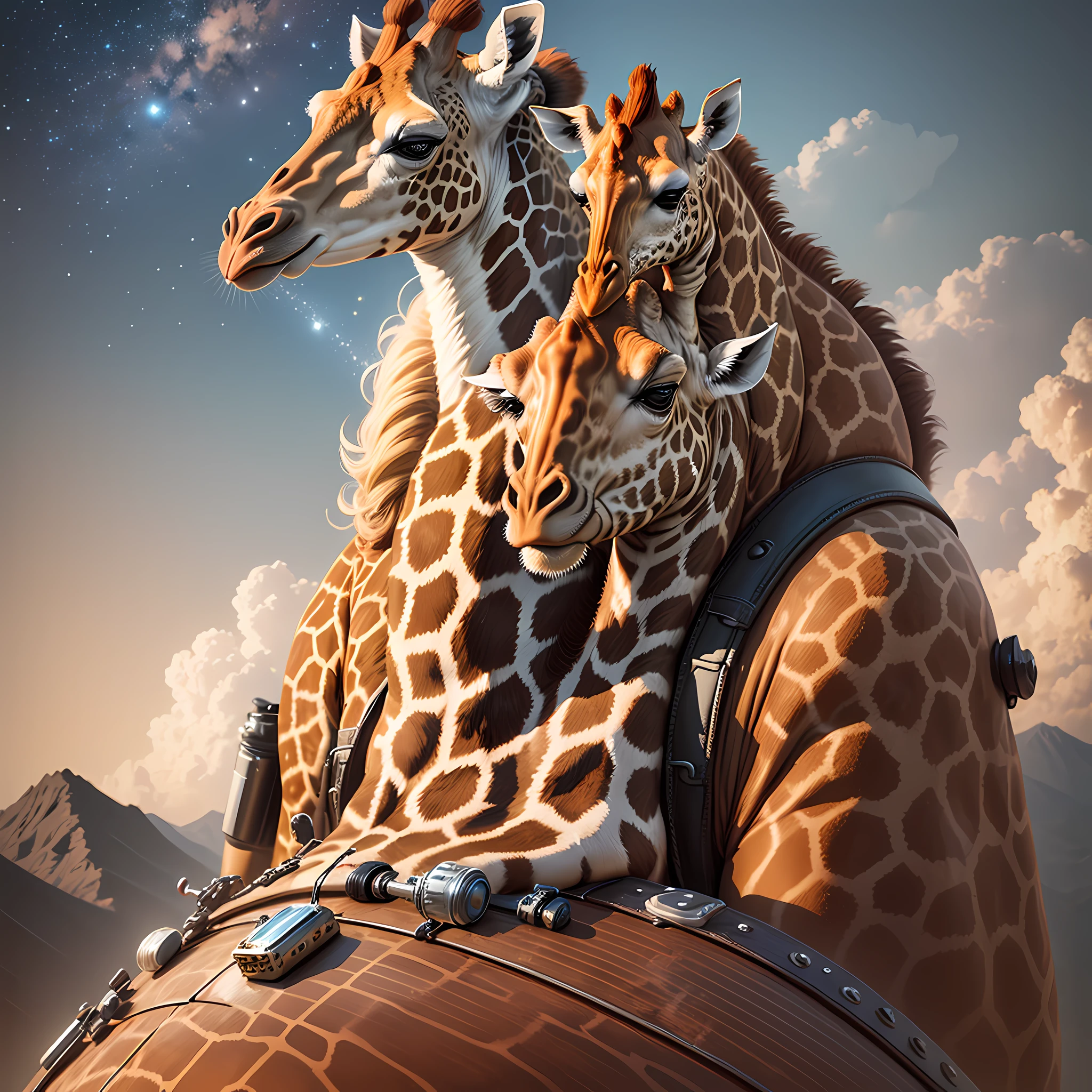 Realistic photo, 8k, Giraffe on top of a beetle, realistic giraffe, astronaut helmet on girraf head, --auto --s2