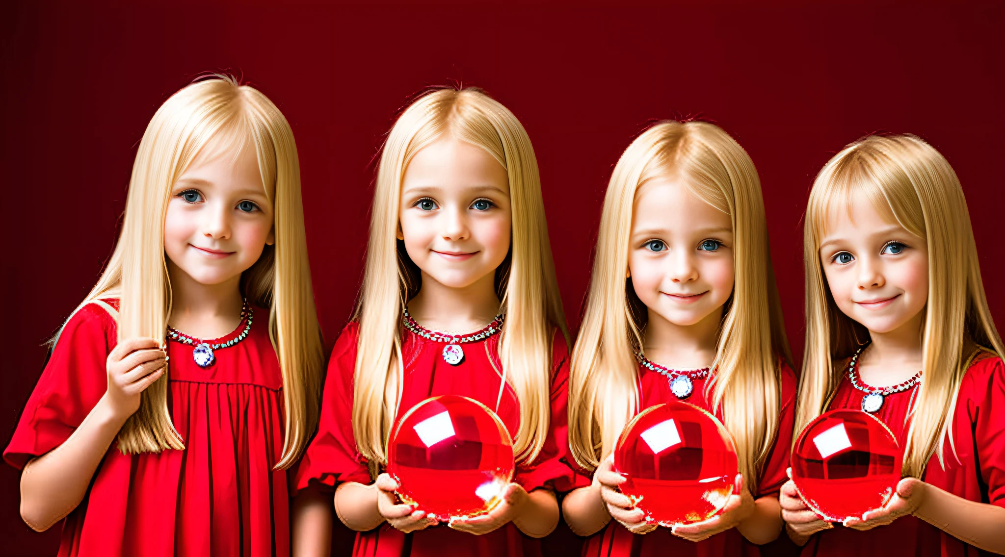 girls blonde children WITH STRAIGHT HAIR, RED BACKGROUND, A CRYSTAL BALL IN THEIR HANDS.