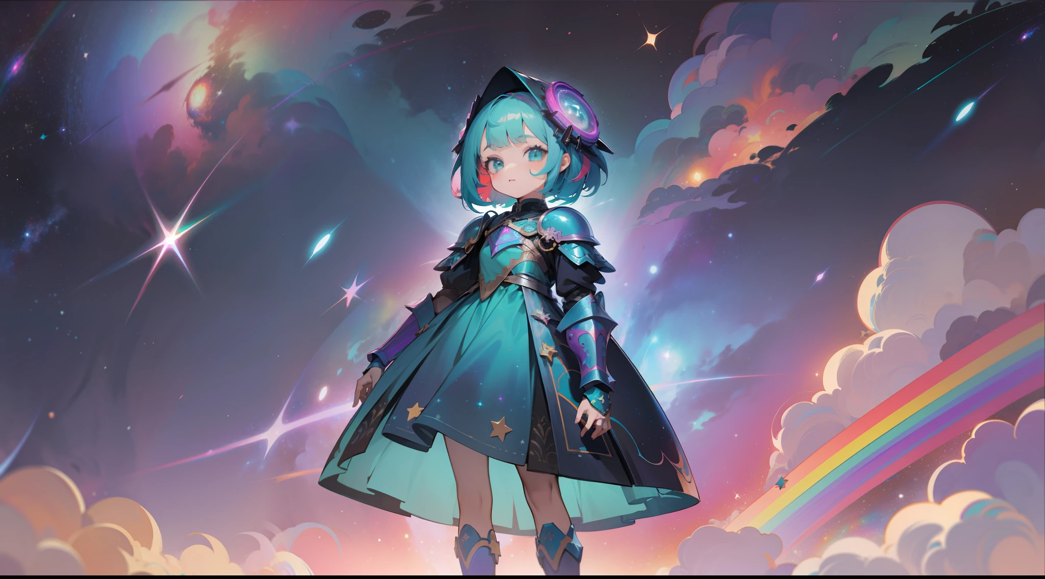 a little girl with rainbow colored hair and detailed teal dress armor, standing, rainbow colored cosmic nebula background, stars, galaxies, intricate details, perfect face