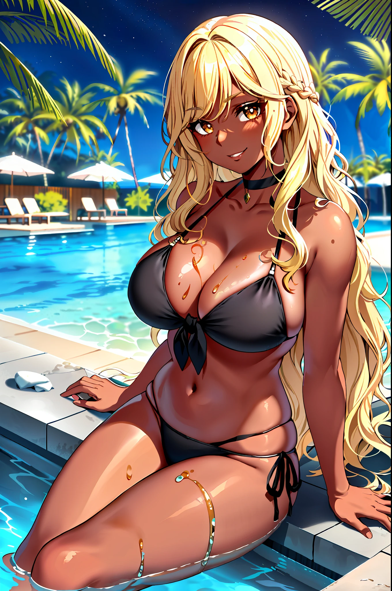 masterpiece, excellent quality, high quality, 1girl, looking at viewer, mature woman, upper body, tall female, wet, sitting with feet in the water, partially submerged, gyaru, (dark skinned female:1.4), adjusting hair, (blonde hair, bangs, very long hair:1.2), (wavy hair:1.4), hair spread out, eyelashes, cute face, detailed face, detailed eyes, eyelashes, brown eyes, confident smile, detailed lips, large breasts, cleavage, skindentation, (choker, black front-tie bikini top, black side-tie bikini bottom:1.2), pool, outdoors, night, tropical resort hotel, palm trees, bushes, rocks, wooden floor, beautiful detailed night sky, bungalow