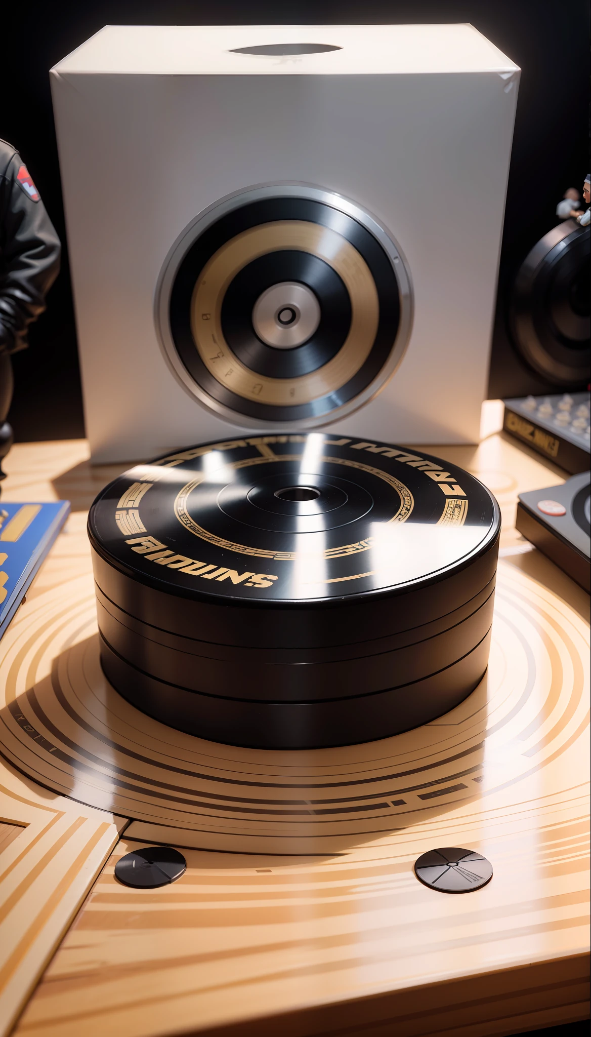 cbzbb ,POST Malone full body miniature playing collectibles cbzbb , Eminem full body miniature playing collectibles footrest vinyl style record another reality in excellent quality evolution 8k natural lighting with palette the image --auto --s2