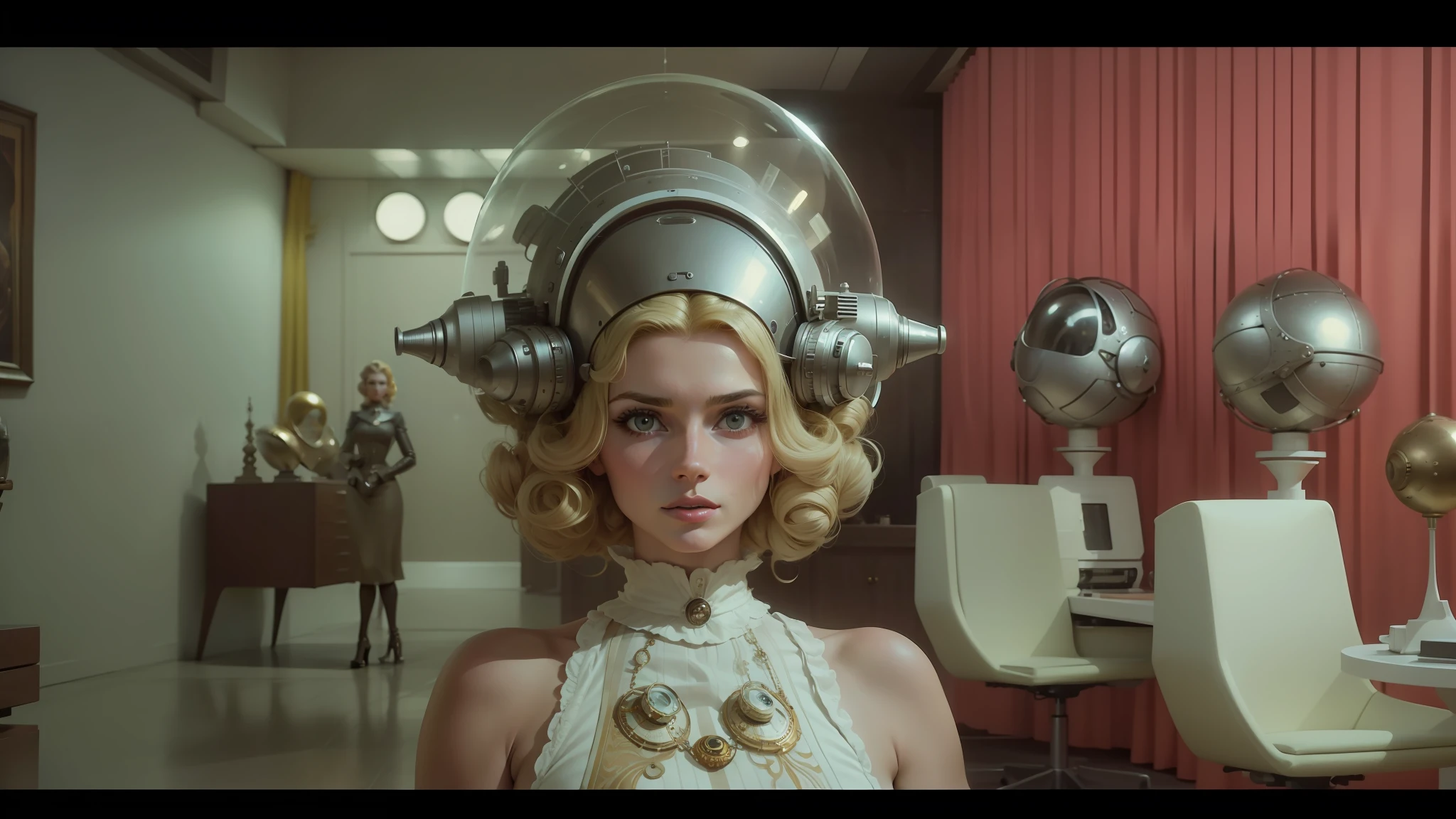 arafed woman with a large hairdo in a room with chairs, roger deakin ’ s cinematography, retro space helmet, blonde women, rendering of beauty pageant, clockwork woman, still frame from a movie, big brown fringe, pillhead, cosmic girl --auto --s2