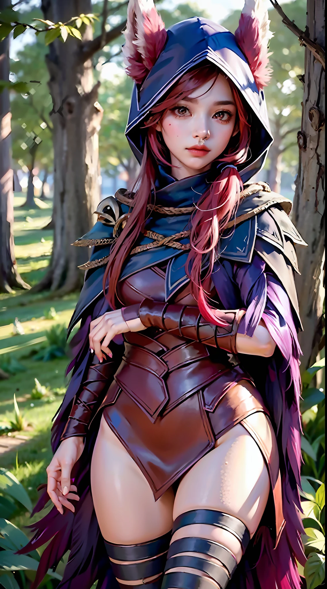 grass, sky, field, league of legends, 1girl, animal ears, bandage legs, long legs, bandage, bandage, bird's legs, bird skull, cape, shut up, ears through headdress, eyes visible through hair, facial markings, feathers, hood, hooded cape, long hair, yellow eyes, red hair, armour, blue shawl, shawl, shawl, shawl, shawl long hair, hooded shawl, red dress, dress, nose ring, nostrils