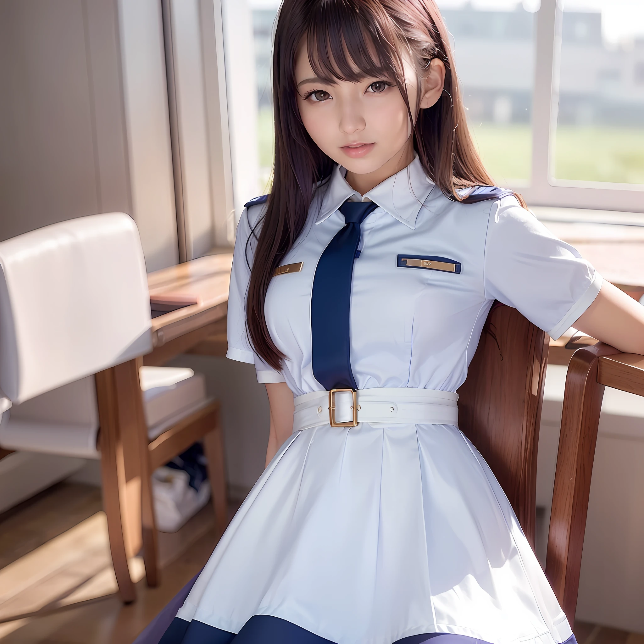 8K, Best Quality, 1girl, (skindentation), Morning, (Bright), Blurred background, Indoors, (Street:0.6), (People), Beautiful Bangs, Gorgeous,, (Dress, Uniform:1.3),Soft Lighting, Attractive, Classroom,School, Desk,Chair ,White Light, (closed mouth:1.2, beautiful eyes, detailed eyes, detailed iris, beautiful lips, beautiful nose, beautiful face)