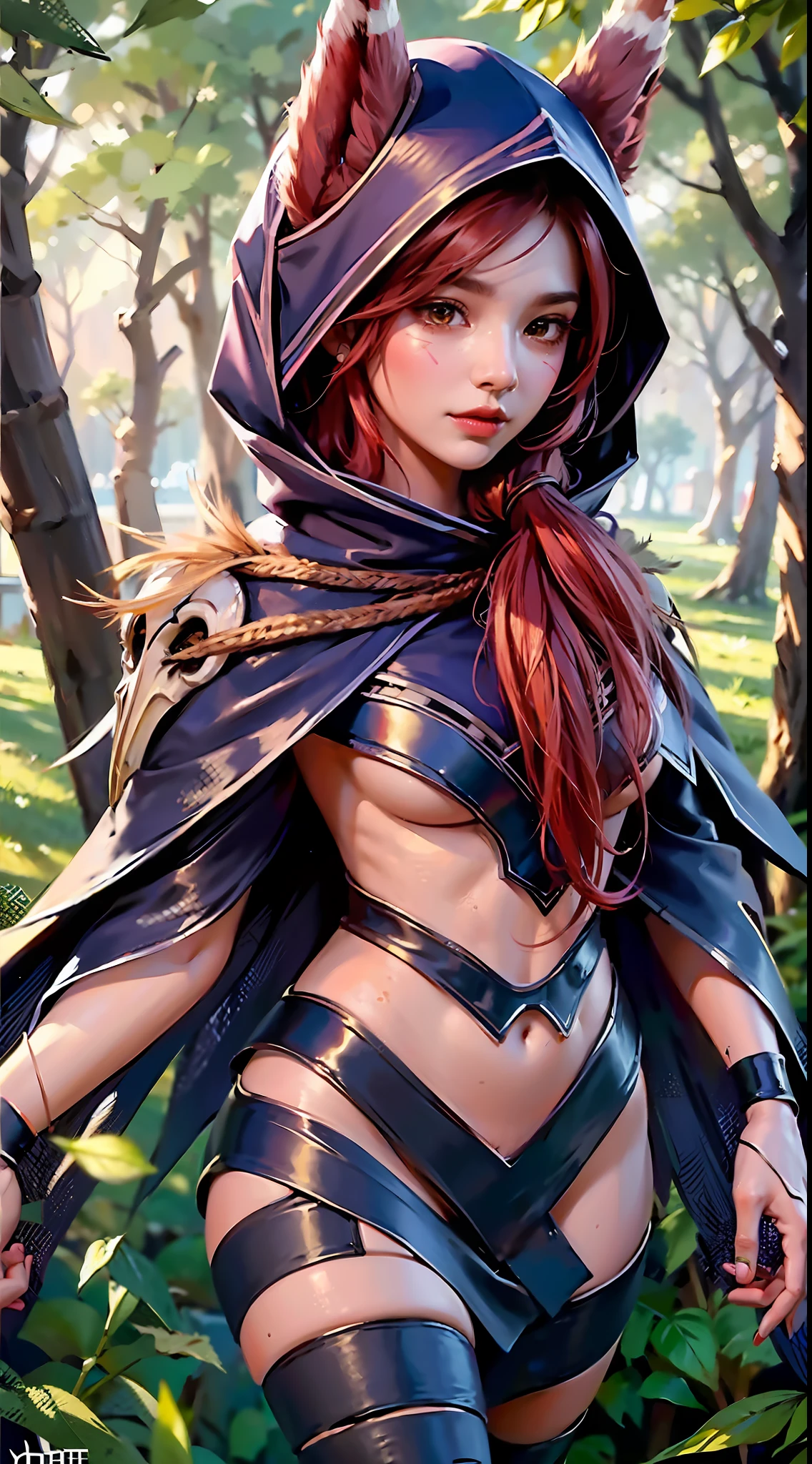 grass, sky, field, league of legends, 1girl, animal ears, bandage legs, long legs, bandage, bandage, bird's legs, bird skull, cape, shut up, ears through headdress, eyes visible through hair, facial markings, feathers, hood, hooded cape, long hair, yellow eyes, red hair, armour, blue shawl, shawl, shawl, shawl, shawl long hair, hooded shawl, red dress, dress, nose ring, nostrils