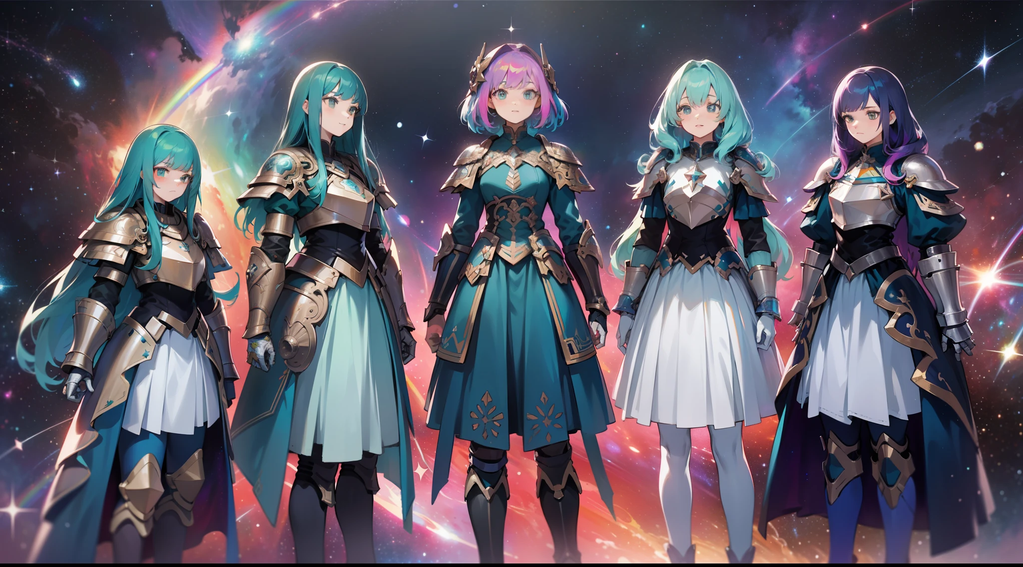 a group of women with rainbow colored hair and detailed teal dress armor, standing, rainbow colored cosmic nebula background, stars, galaxies, intricate details, perfect face
