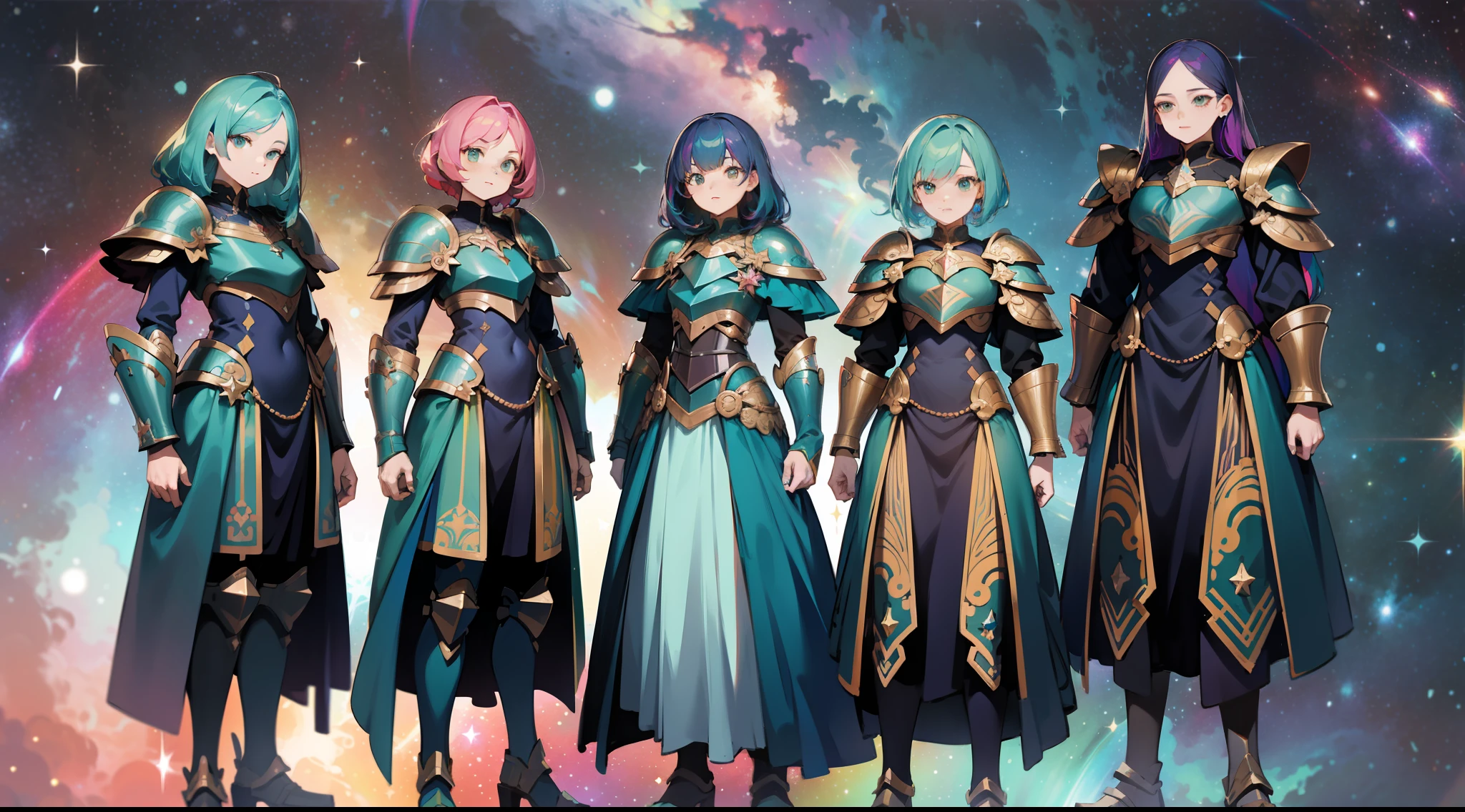 a group of women with rainbow colored hair and detailed teal dress armor, standing, rainbow colored cosmic nebula background, stars, galaxies, intricate details, perfect face