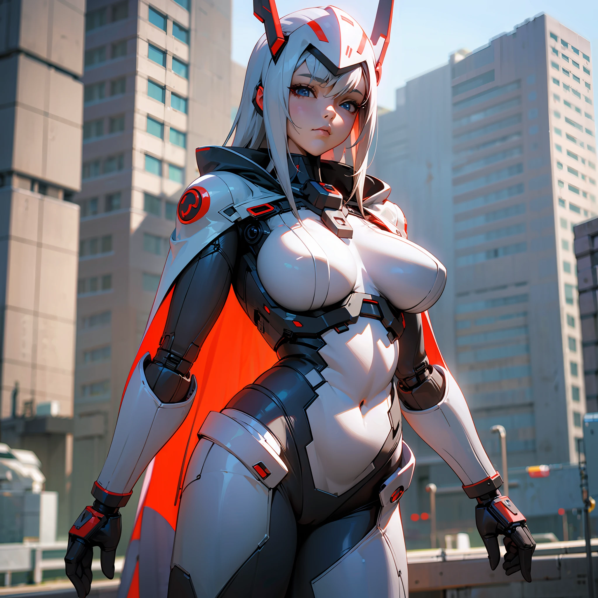 A cybernetic woman, with a perfect sculptural whole body, realistic, belly appearing, (large and perfect breasts), neckline, 3d, with hood on the head and a cape, and a red visor in the right eye, anime style 3d, ultra realistic, HD, --auto --s2