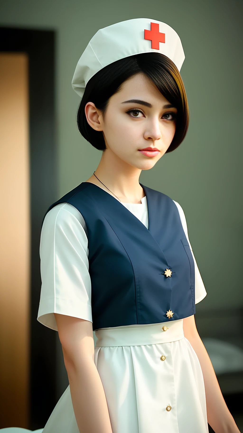 Cinematic lens, centered, cinematography, intricate details, meticulously crafted, magnificent, maximum detail, extremely beautiful, realistic, (((1girl, solo))), 18 years old, short hair, black hair, (((center))), nurse's uniform,