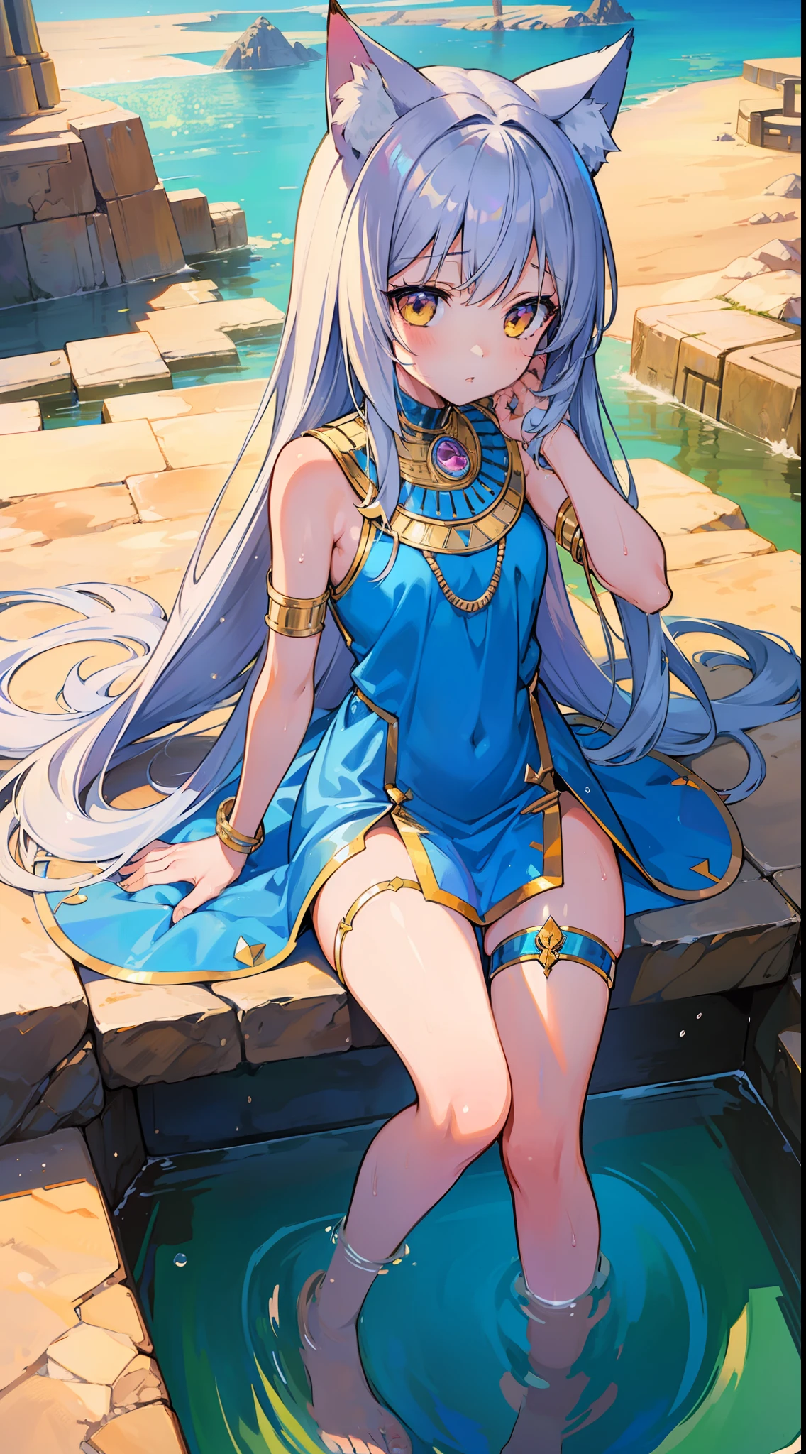 Masterpiece, top quality anime illustration, super detailed, one girl, solo focus, beautiful girl with silver hair cat ears, anime loli, cat ears loli, thigh emphasis, bastet costume, egyptian mythology, bathing in desert oasis, wet sheer
