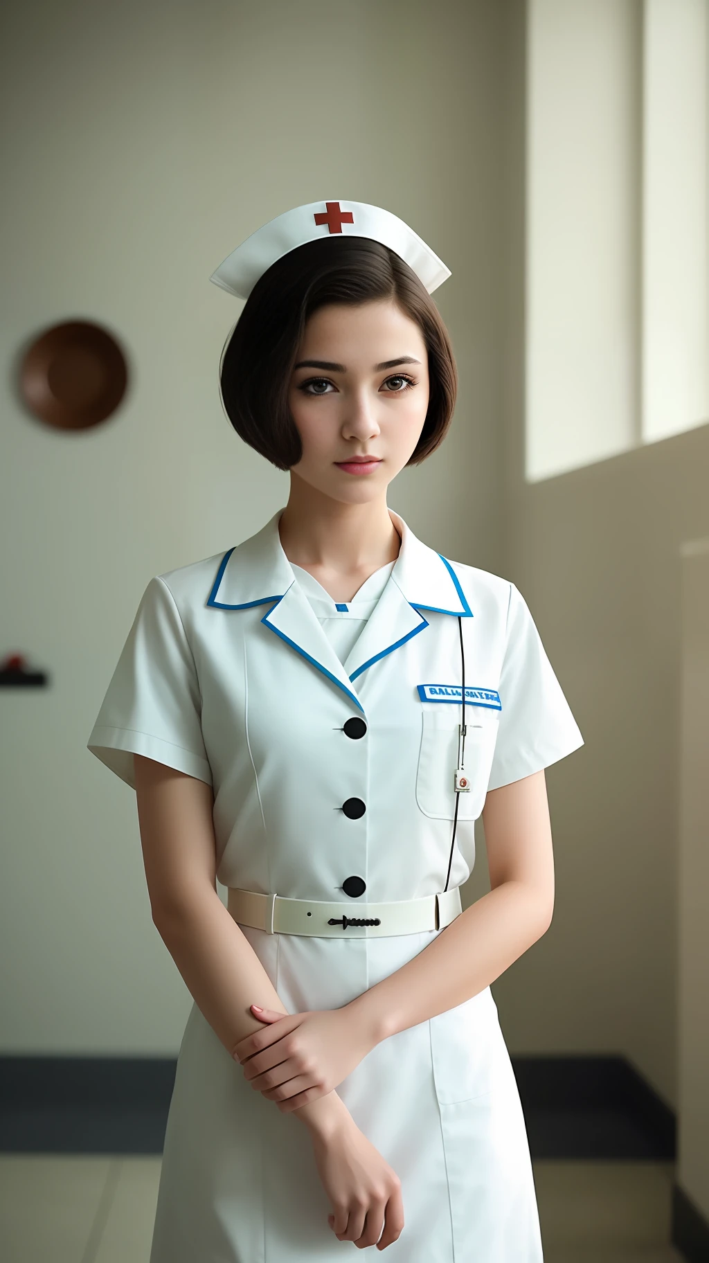 Cinematic lens, centered, cinematography, intricate details, meticulously crafted, magnificent, maximum detail, extremely beautiful, realistic, (((1girl, solo))), 18 years old, short hair, black hair, (((center))), nurse's uniform,
