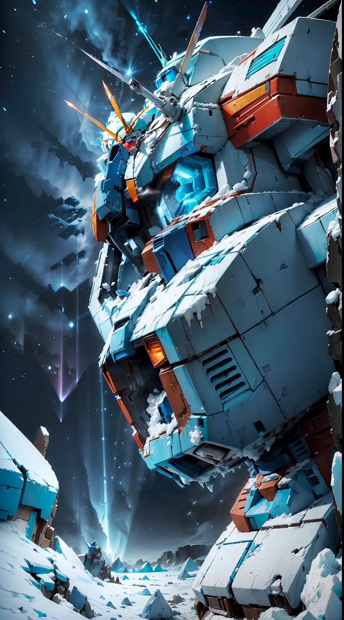 ((((Super Huge Blue and White Cool Gundam)))), (((Rusty)), (((Looking Up))), Blue Tones, Night, (Aurora), (Meteor), ((Sublime Glacier)), Broken Ice Wall Covered with Ice and Snow, Condensed Huge Ice Picks, Blizzards, Hail, Ice and Snow Covering Everything, Huge Footprints, Dark Clouds, Eerie Horror, Rich Cold Breath, Cracked Ice, Floating Ice, Rusty, Uneven Road, Potholes, Turquoise and White Rock Material, Full Body View, Condensed ice pick, a warrior hunting, huge cracks in the stone wall, crushed ice, gloomy, super fine face, (((close-up))), ((depth of field)), master work, super fine, high quality, 16k resolution, cinematic lighting