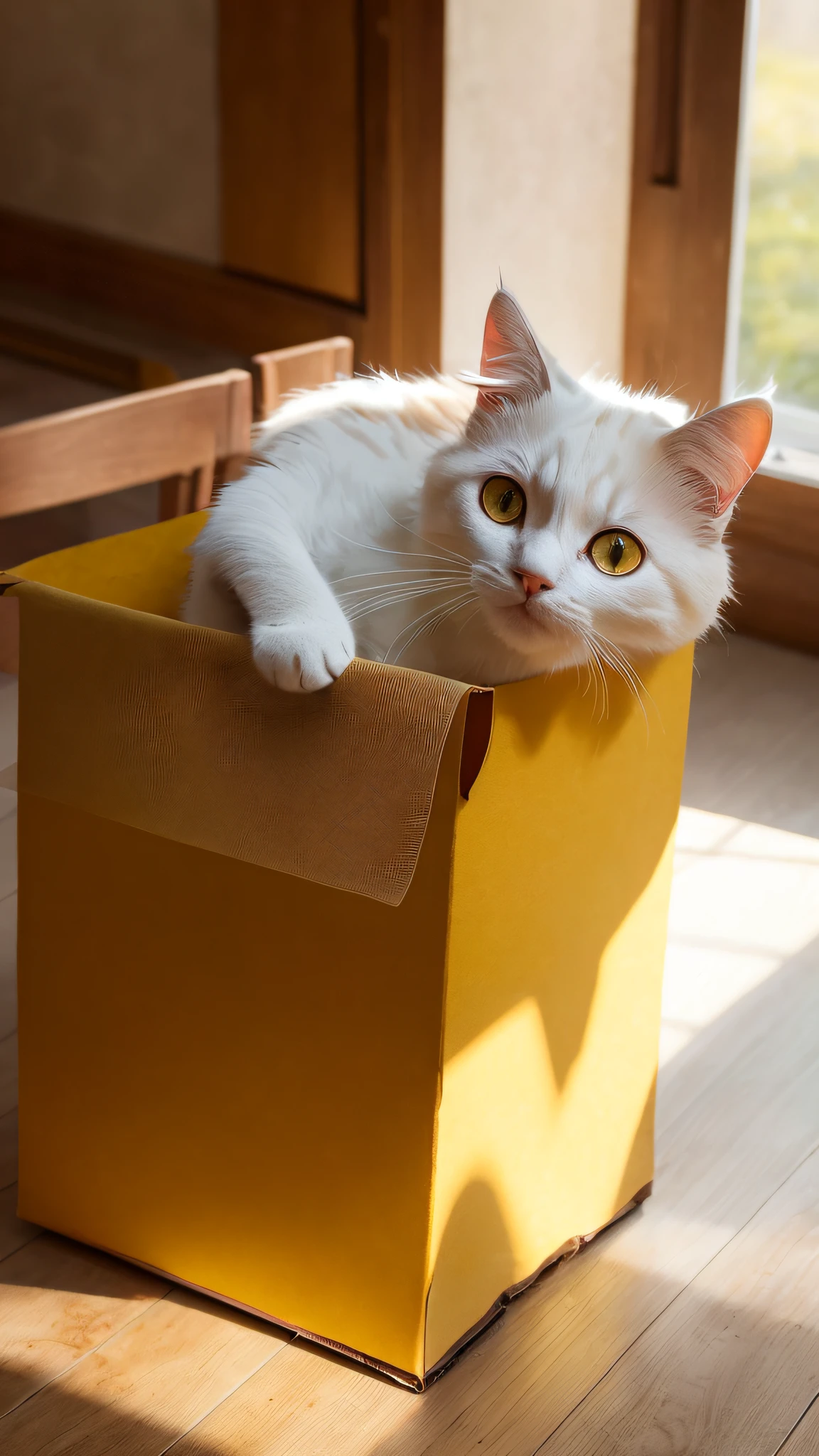 Cat, (Himalayas), Yellow with white spots, in a Box, Face, physically disabled (Without one of the front paws), 8K, Professional photo, Delicate, Clear, On the table, Inside the house, Sun, Light leak, Masterpiece, ((Beautiful))), Reality, Stuffed toy, Round pupils