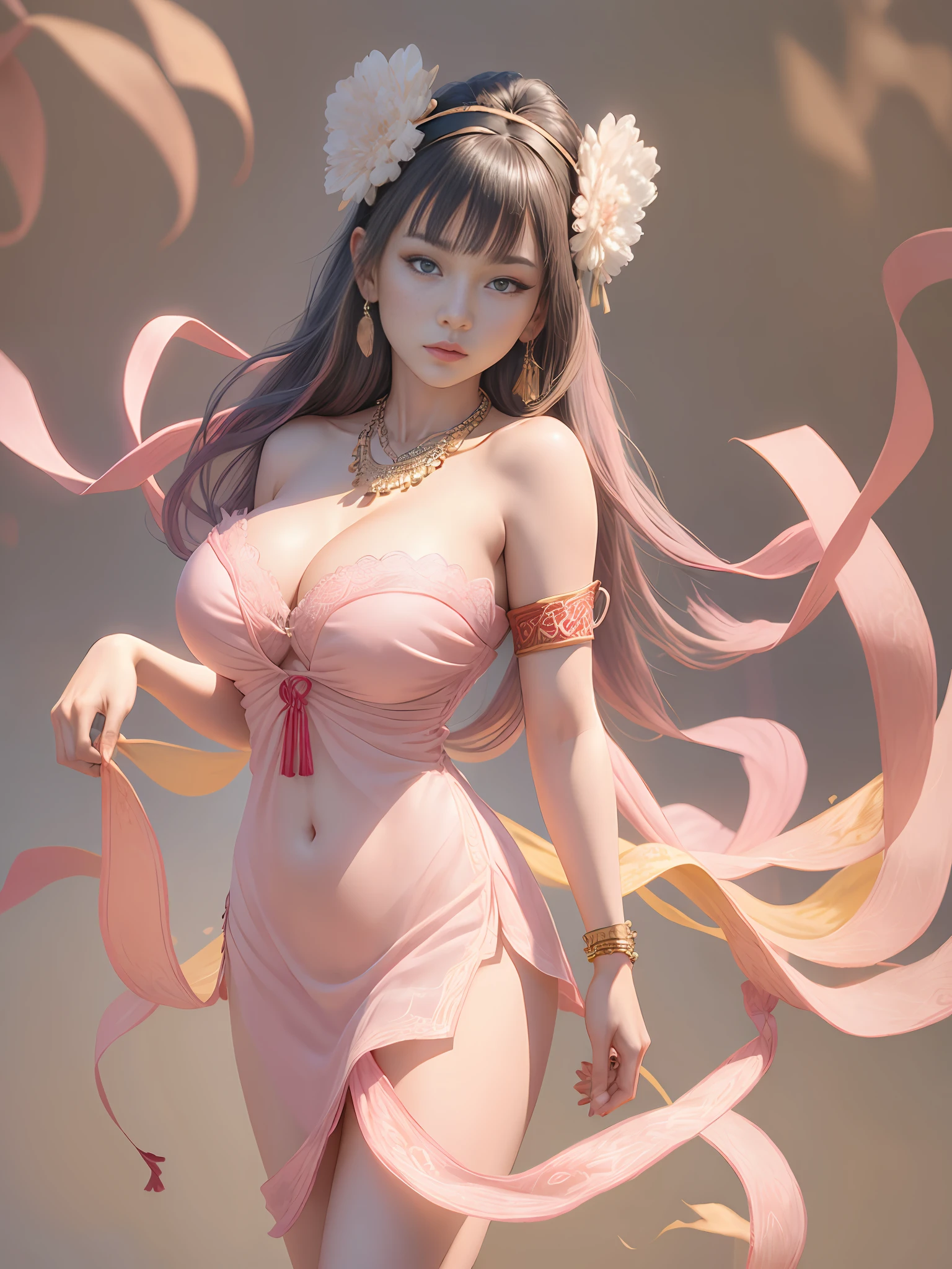 Best quality,masterpiece,ultra-detailed high res,(photorealistic:1.4),raw photo,,illustration,
1girl dancing,(solo:1.2),(cowboy shot:1.2),(hair crown:1.2),Traditional chinese dunhuang style lace clothes,Strapless,(red eyeliner:1.2),(huge breasts:1.4), (v-neck:1.5), (big necklace:1.4), lace armour, (beautiful eyes :1.4), (looking at viewer:1.5), earrings,dynamic angle,Opera House,messy_long_hair,ink,cinematic lighting,lens_flare, Velvet, chrysanthemum,Tassel,Ribbon,color embroidery, white gold pink blue violet green