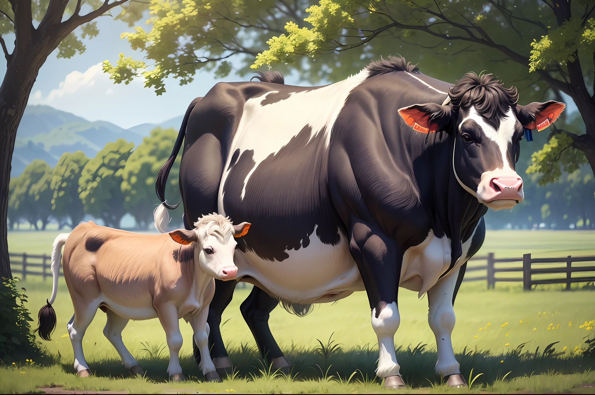 Photorealistic 8K masterpiece: cow standing in a lush green field, surrounded by tall, vibrant grass. The sun shines in the blue sky, illuminating the countryside. Cows is an adult cow, nelore of imposing size, with its . It has a robust and muscular structure, exhibiting all the strength and majesty characteristic of cattle. Next to the adult cow, we see a small calf, which is her calf. The calf is younger and smaller in size, with a softer coat and a more delicate appearance. He walks or stays close to his mother, seeking protection and safety. The scene conveys a sense of tranquility and harmony, with the cows enjoying the serene countryside. --auto --s2