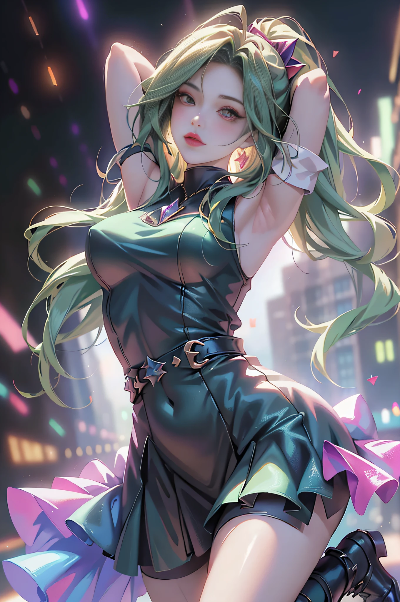 pureerosface_v1 ulzzang-6500 corneo_covering_breasts_one_arm, (8k, best quality, masterpiece:1.2), (realistic, photo photorealistic:1.37), ultra-detailed, 1 girl, cute, solo, (tipha lockhart), (beautiful detail eyes), (smile:1.2), (shut up), neon, cityscape, depth of field, dark intense shadow, sharp focus, Motion blur, depth of field, good composition, green glowing light, final fantasy vii, dating, (nose blush), single elbow pad, brunette hair, red shoes, taut shirt, thighs, full body, red lips, pretty face, long low neckline, (red_eyes), (evening:1.3), complex, bokeh, cinematic lighting, photon mapping, radiosity, physically based rendering, (Tetsuya Nomura style)