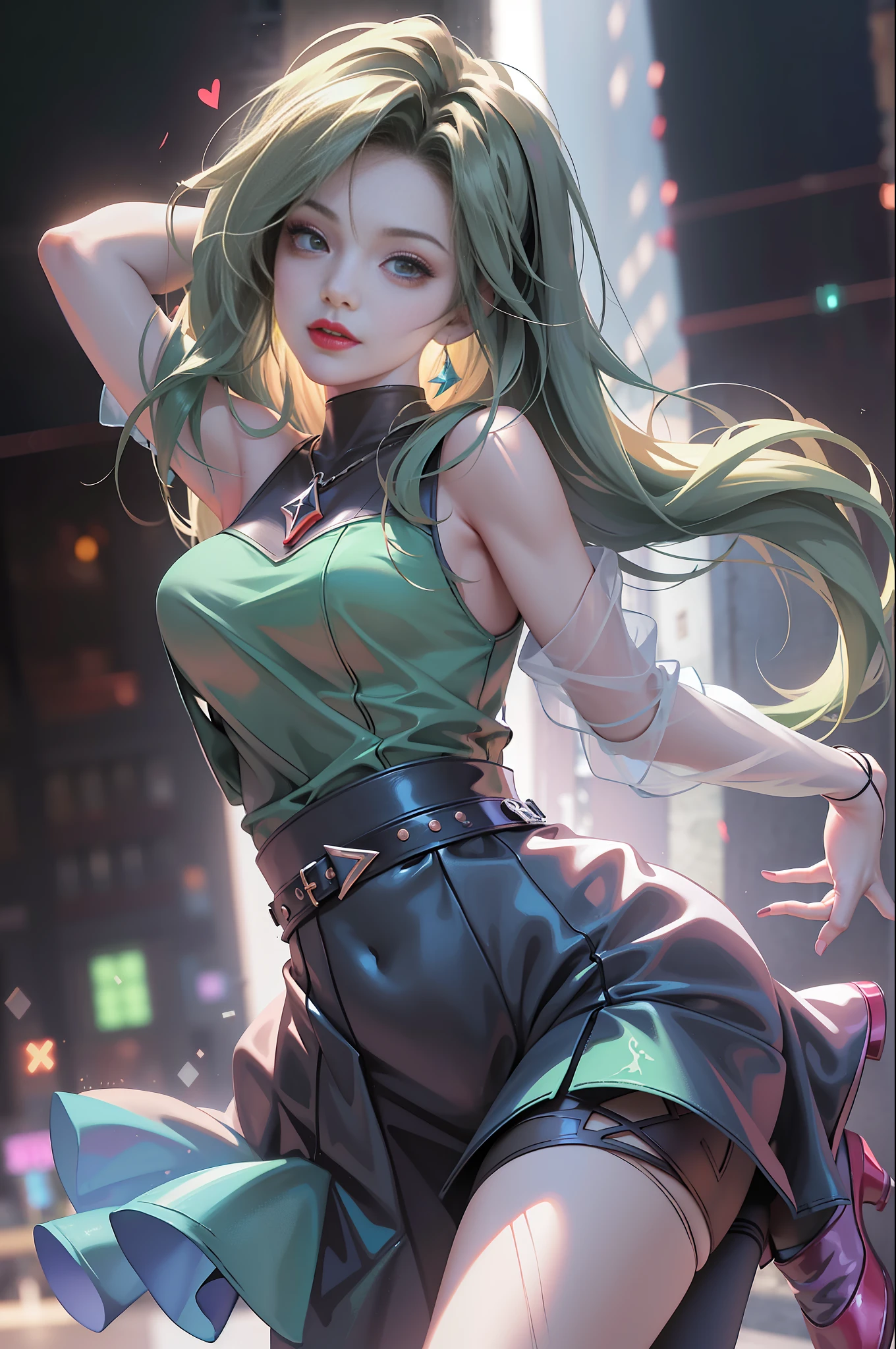 pureerosface_v1 ulzzang-6500 corneo_covering_breasts_one_arm, (8k, best quality, masterpiece:1.2), (realistic, photo photorealistic:1.37), ultra-detailed, 1 girl, cute, solo, (tipha lockhart), (beautiful detail eyes), (smile:1.2), (shut up), neon, cityscape, depth of field, dark intense shadow, sharp focus,  Motion blur, depth of field, good composition, green glowing light, final fantasy vii, dating, (nose blush), single elbow pad, brunette hair, red shoes, taut shirt, thighs, full body, red lips, pretty face, long low neckline, (red_eyes), (evening:1.3), complex, bokeh, cinematic lighting, photon mapping, radiosity, physically based rendering, (Tetsuya Nomura style)