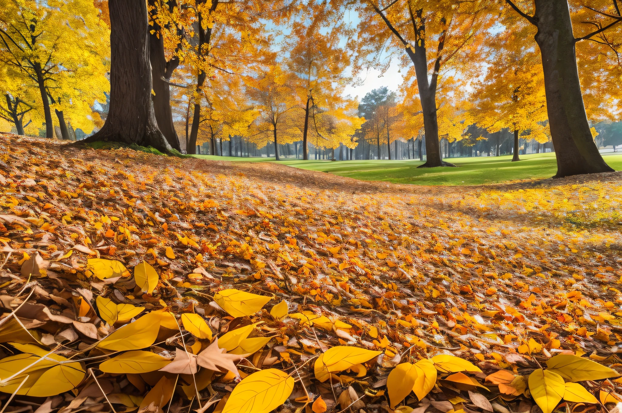 Autumn colorful orange and yellow fallen leaves in the grass in an autumn park in the sunny morning in nature close-up. --auto --s2