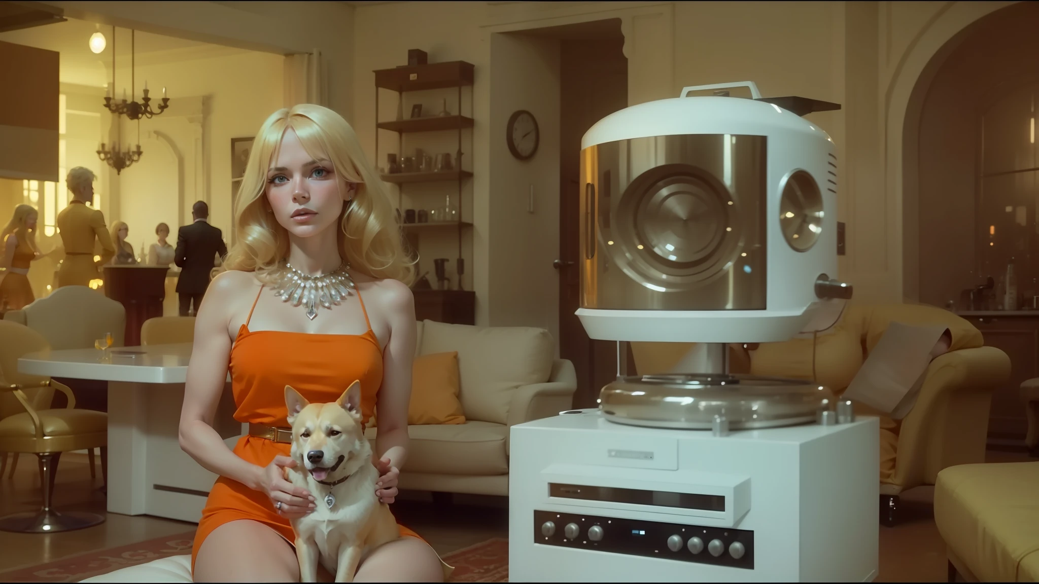 blond woman in orange dress sitting on a couch with a dog, 1 9 7 0 science fiction movie, the jewelpunk aesthetic, electronic bikini, polish mansion kitchen, still image from the movie, by Pierre Laffillé, server in the middle, giant speakers, french girl --auto --s2