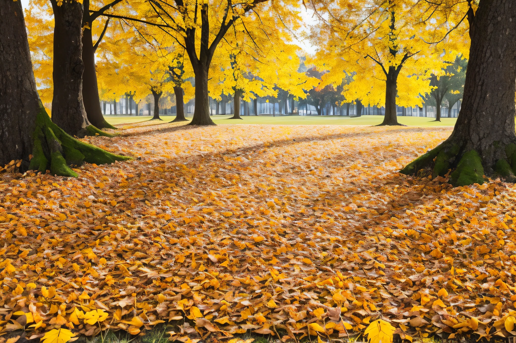 Autumn colorful orange and yellow fallen leaves in the grass in an autumn park in the sunny morning in nature close-up. --auto --s2
